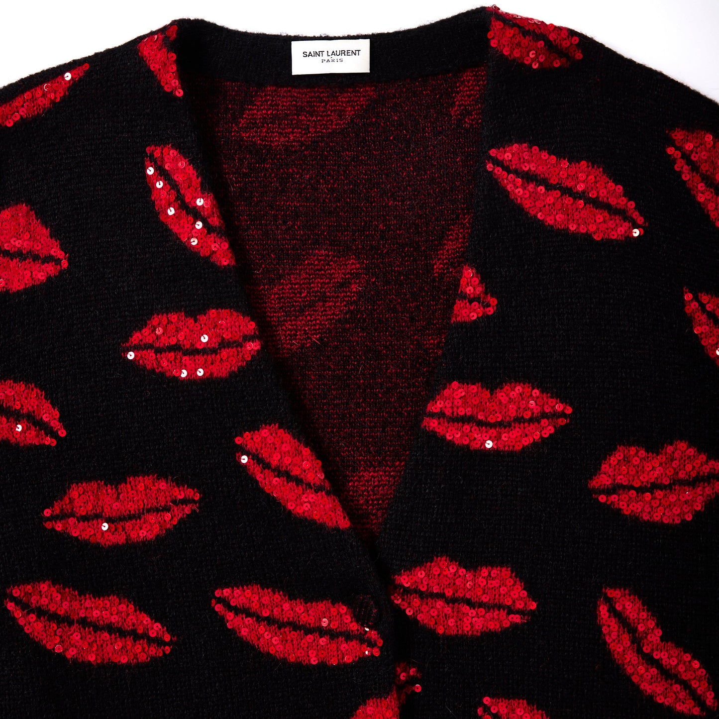 SAINT LAURENT Black Red Lipstck Kisses Mohair Sequined Cardigan