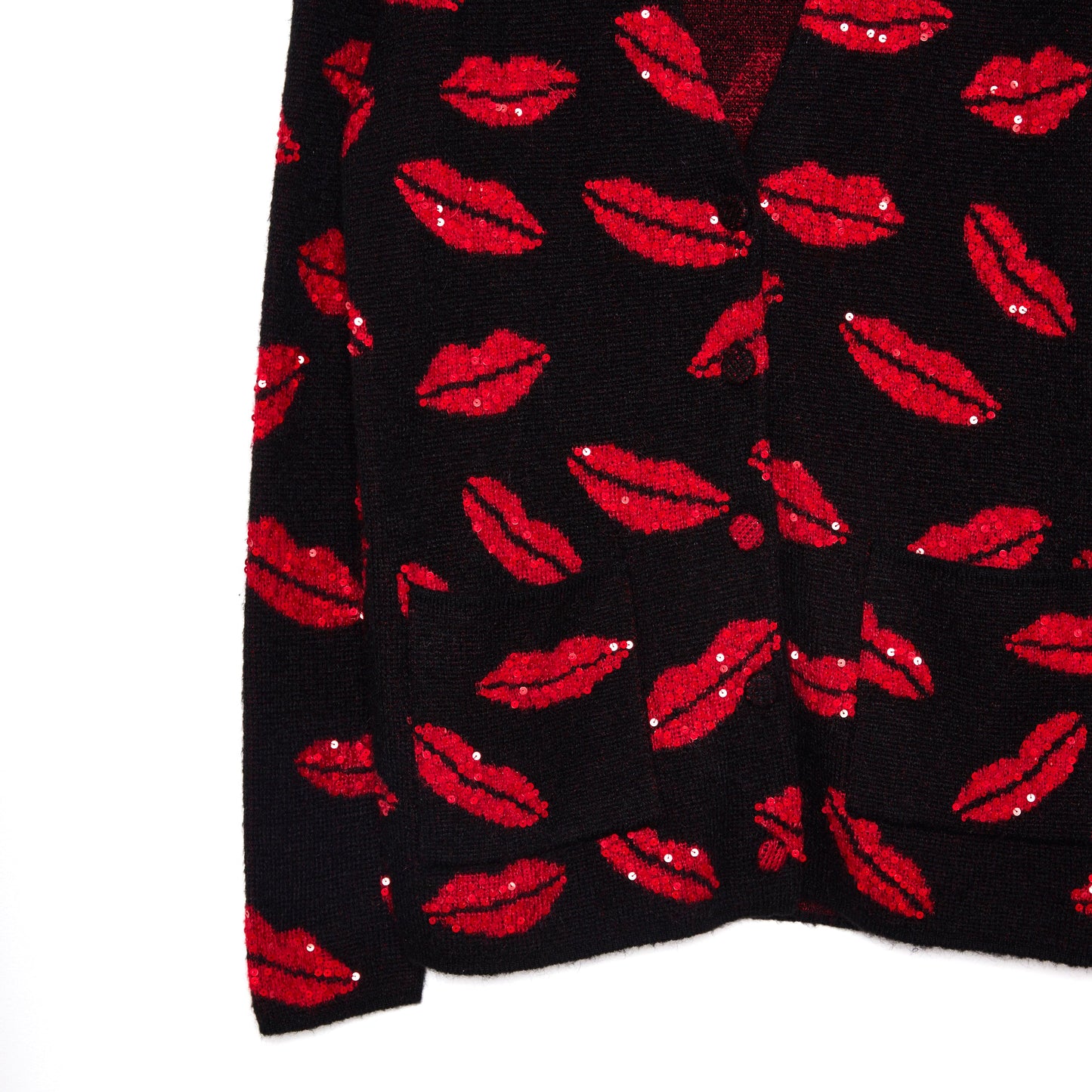 SAINT LAURENT Black Red Lipstck Kisses Mohair Sequined Cardigan