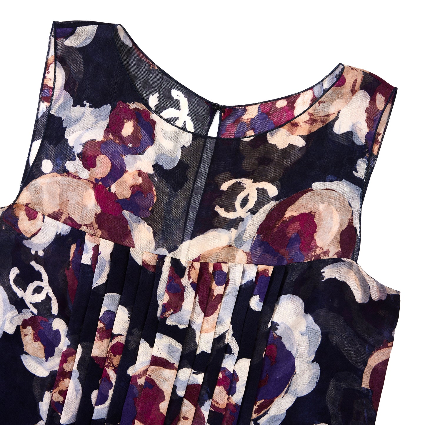 CHANEL Navy Camellia Print Silk Chiffon Blouse 40