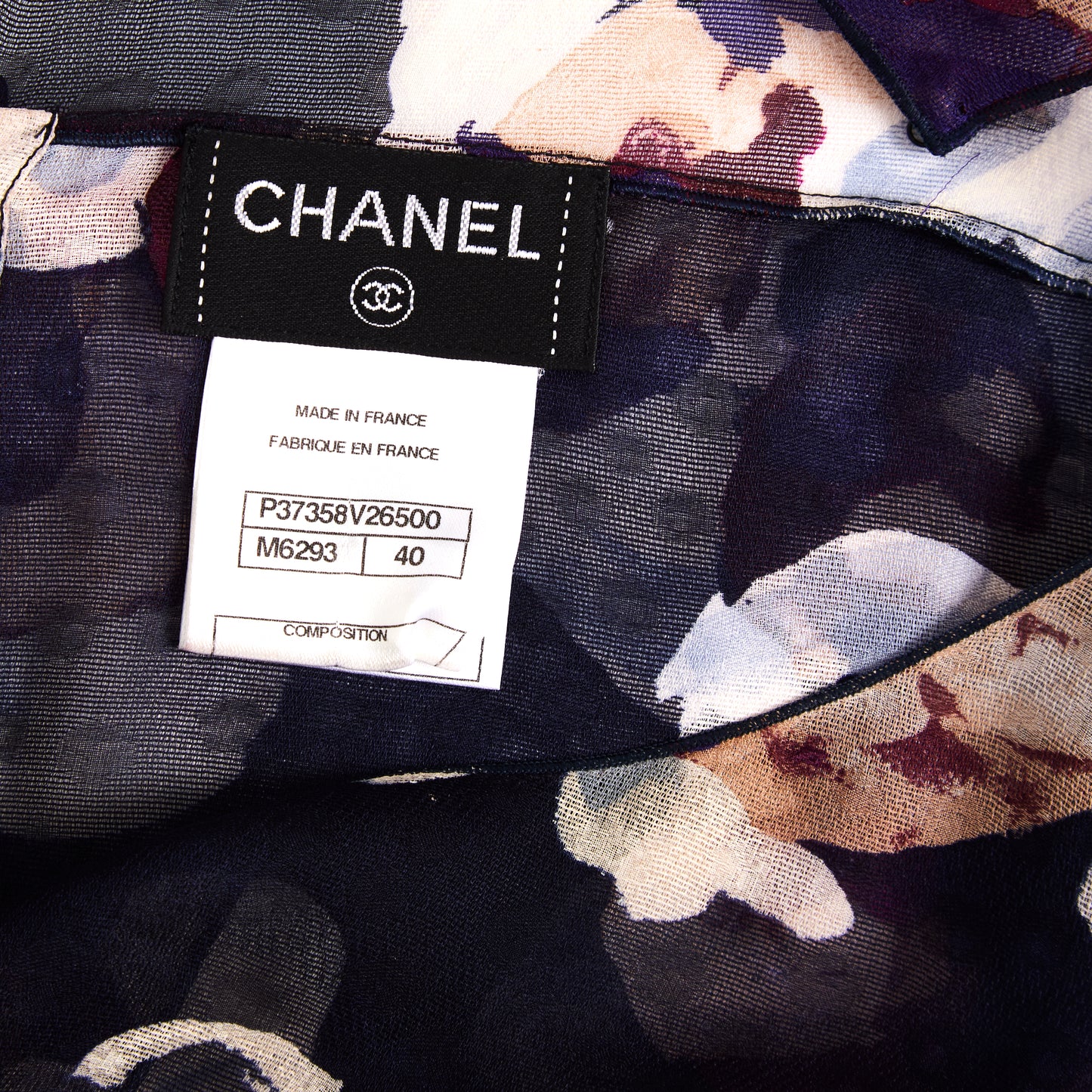 CHANEL Navy Camellia Print Silk Chiffon Blouse 40