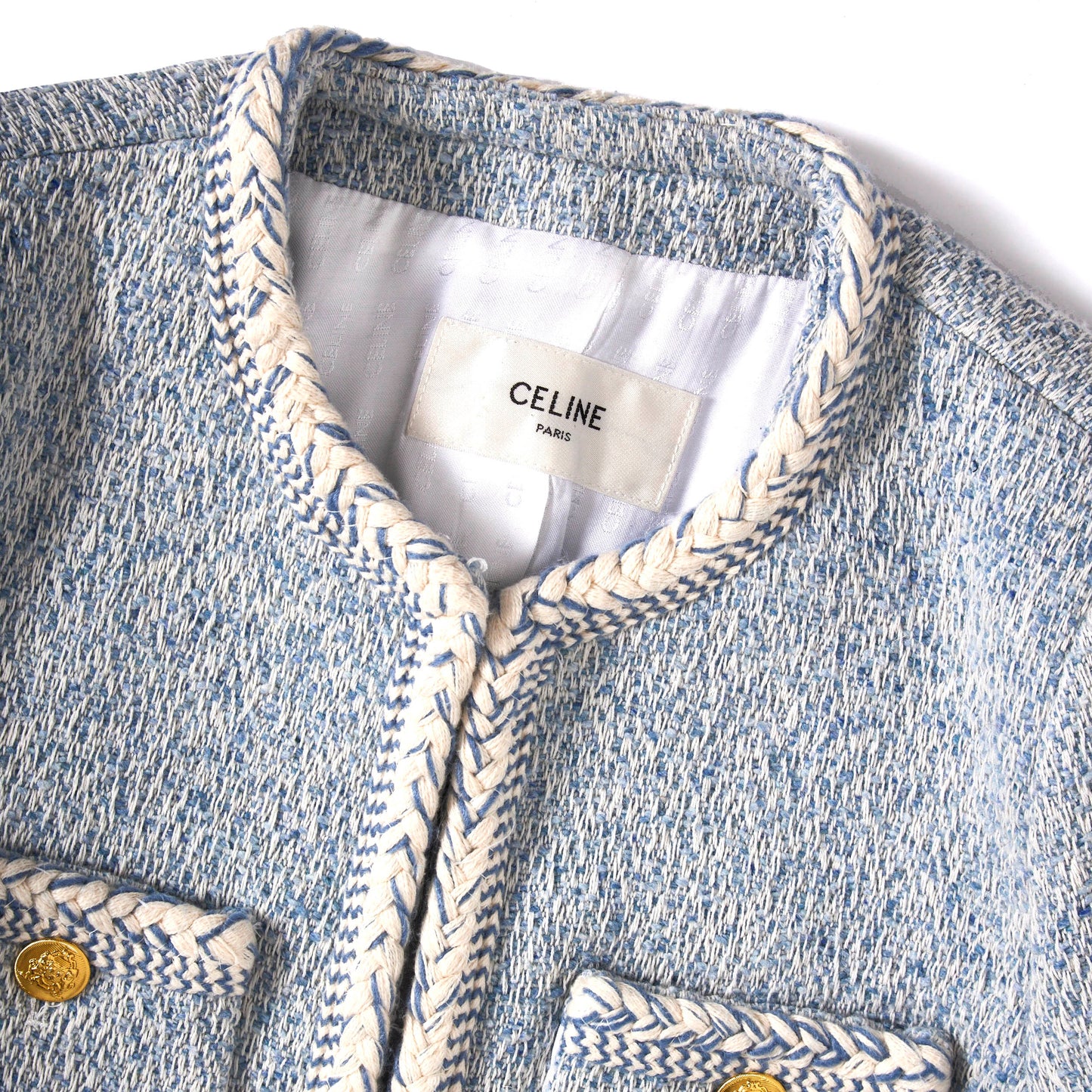 CELINE Light Blue Tweed Long Sleeve Jacket 36