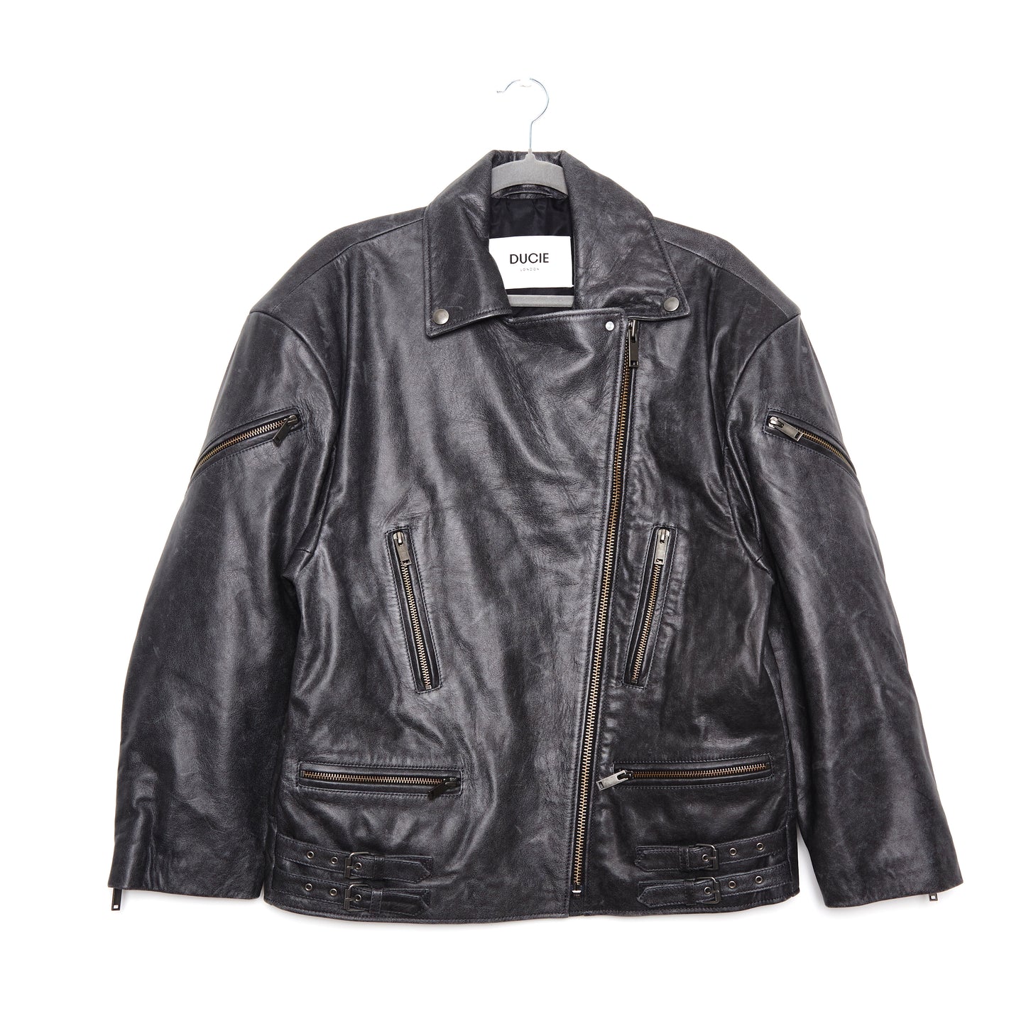 DUCIE LONDON Samantha Distressed Leather Biker Jacket