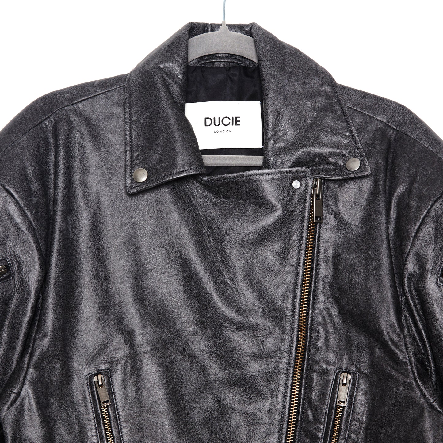DUCIE LONDON Samantha Distressed Leather Biker Jacket
