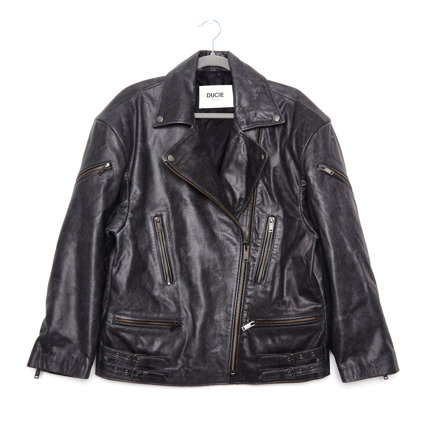 DUCIE LONDON Samantha Distressed Leather Biker Jacket