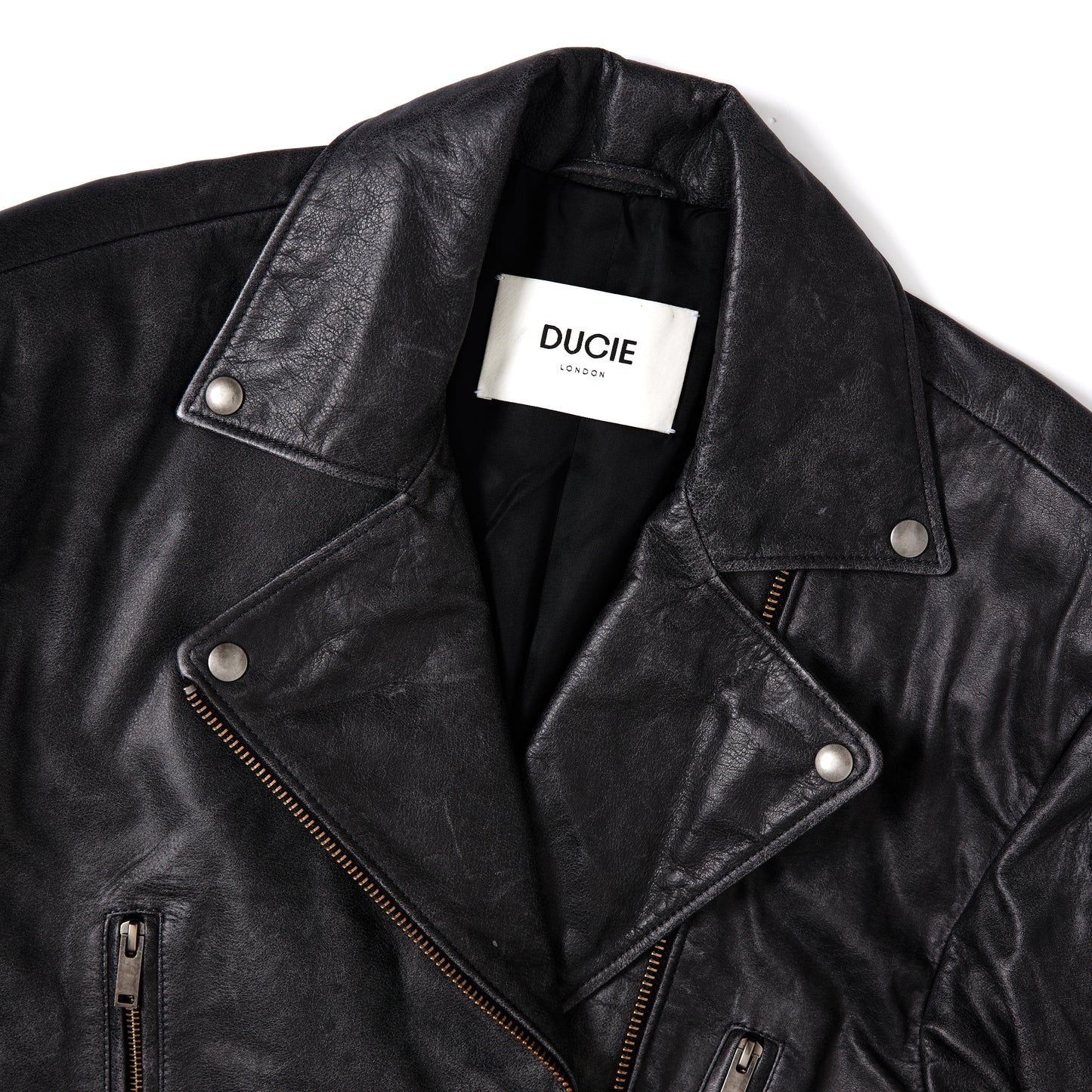 DUCIE LONDON Samantha Distressed Leather Biker Jacket