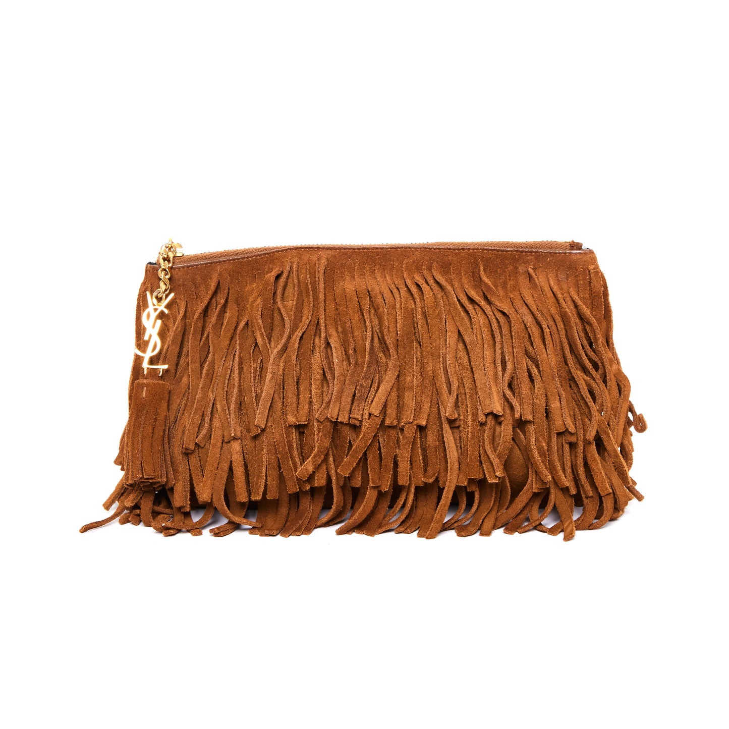 SAINT LAURENT Suede Fringe Medium Clutch Light Ocre