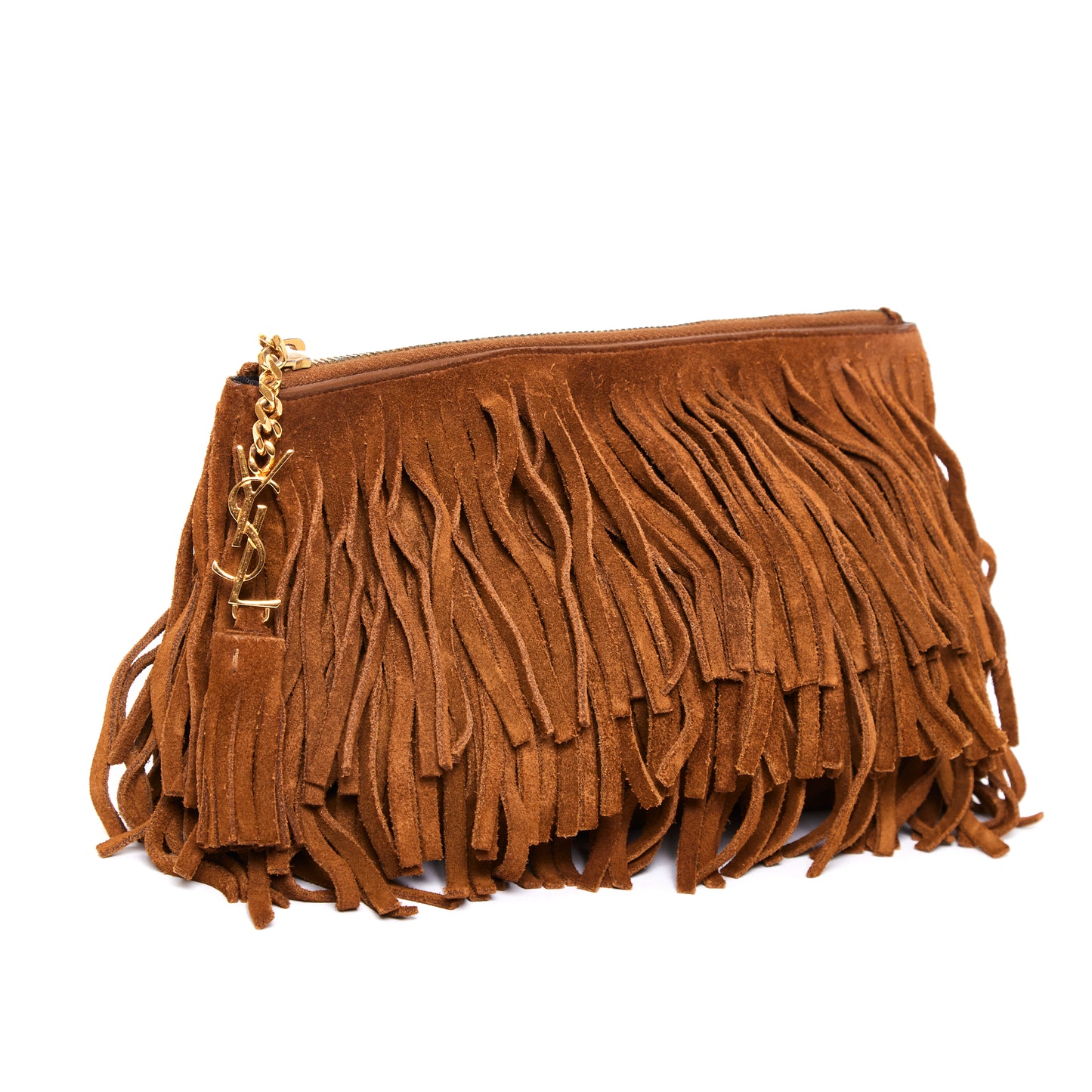 SAINT LAURENT Suede Fringe Medium Clutch Light Ocre