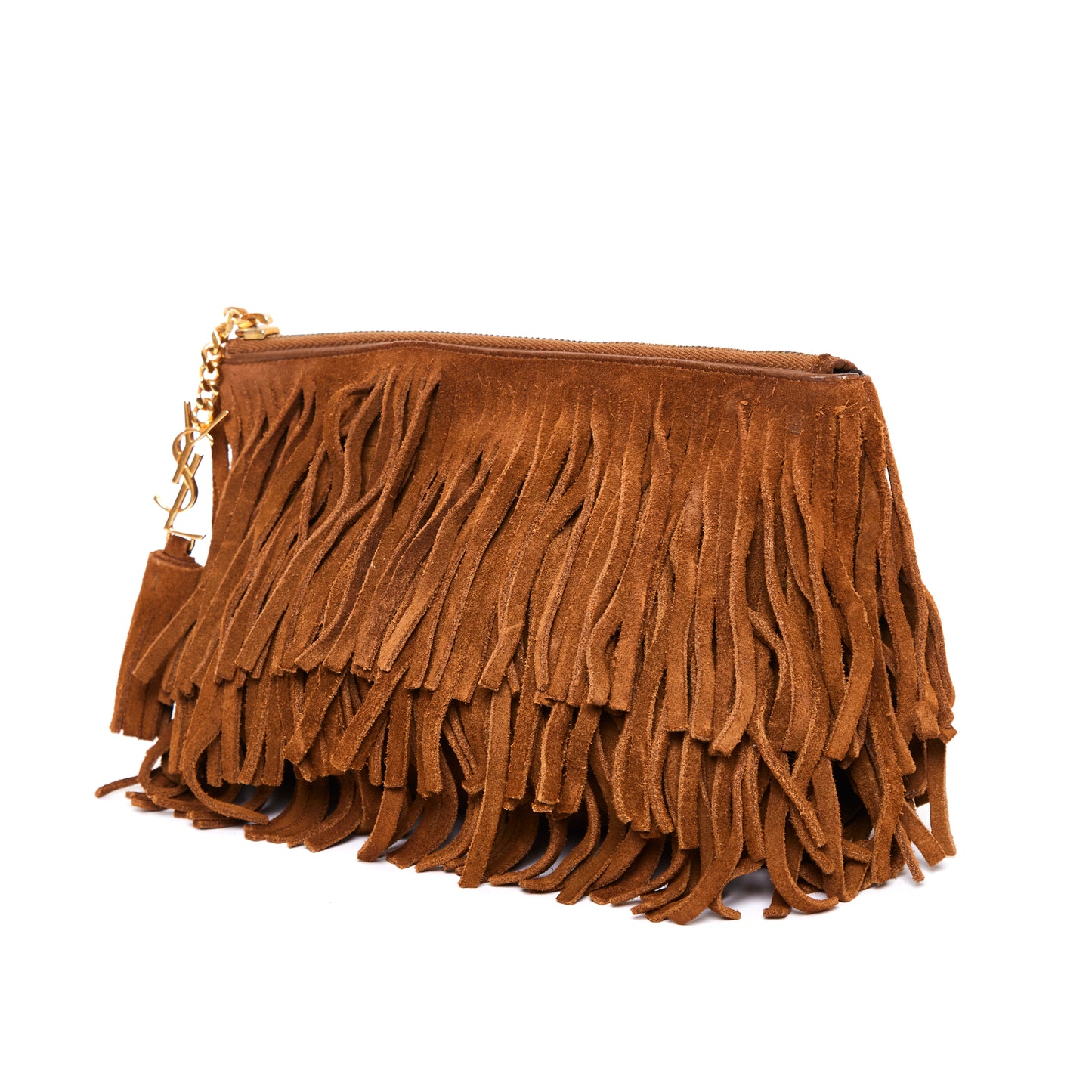 SAINT LAURENT Suede Fringe Medium Clutch Light Ocre