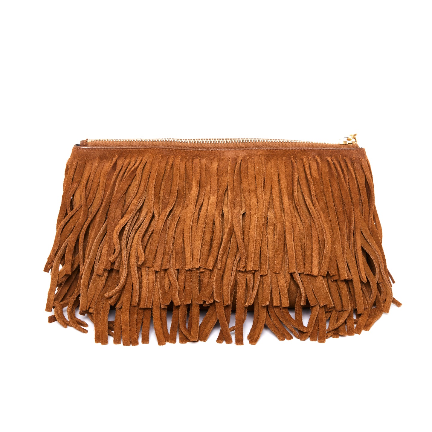SAINT LAURENT Suede Fringe Medium Clutch Light Ocre