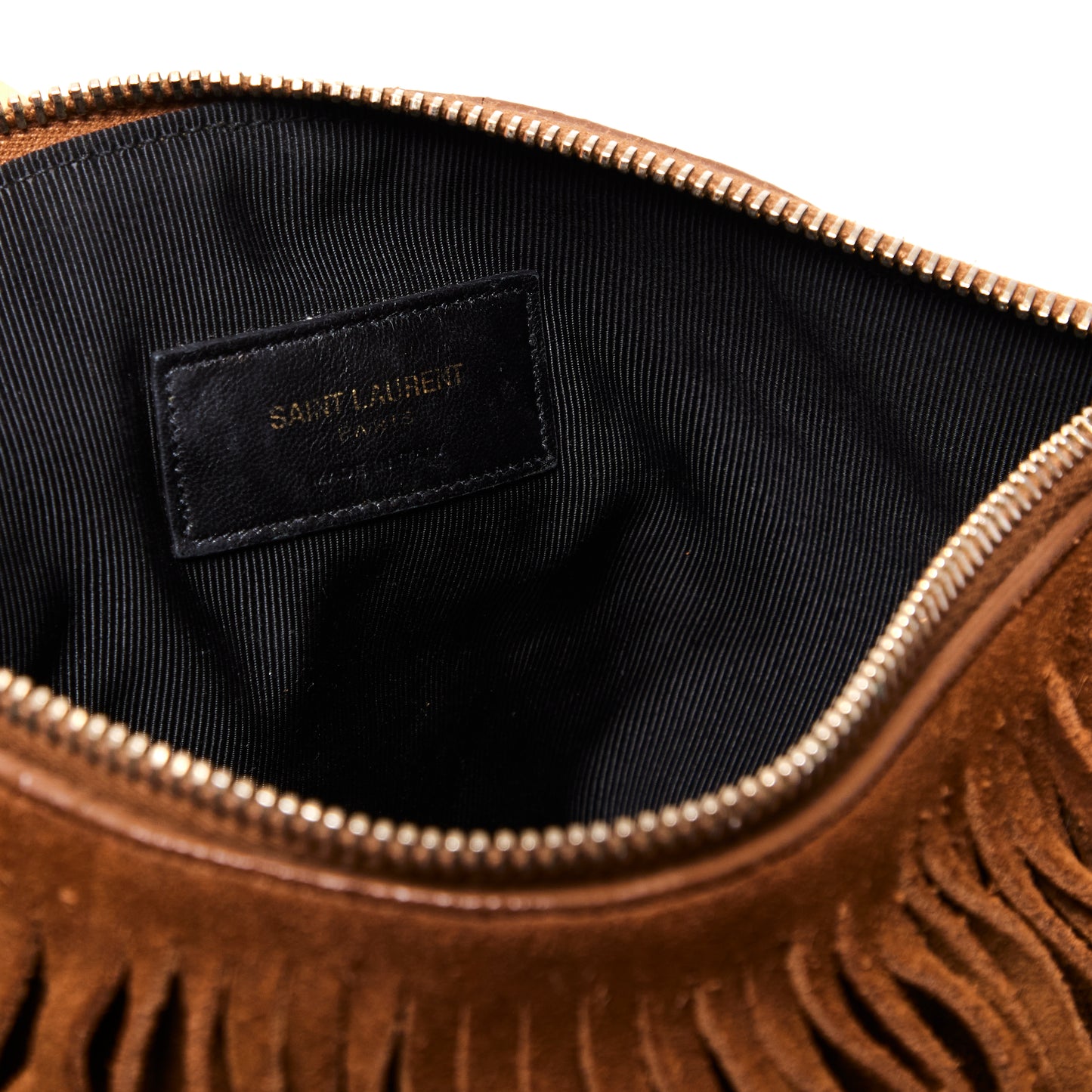 SAINT LAURENT Suede Fringe Medium Clutch Light Ocre