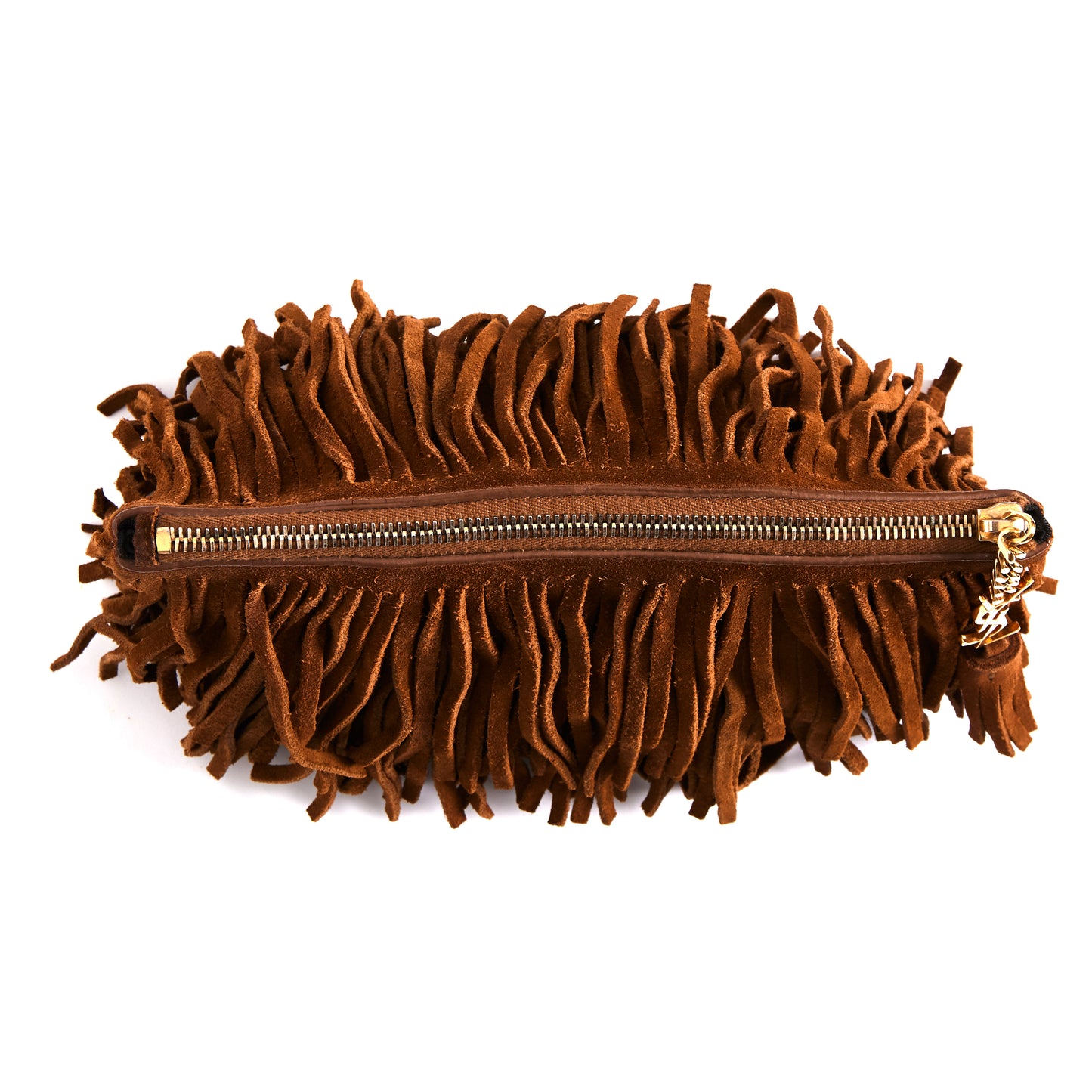 SAINT LAURENT Suede Fringe Medium Clutch Light Ocre