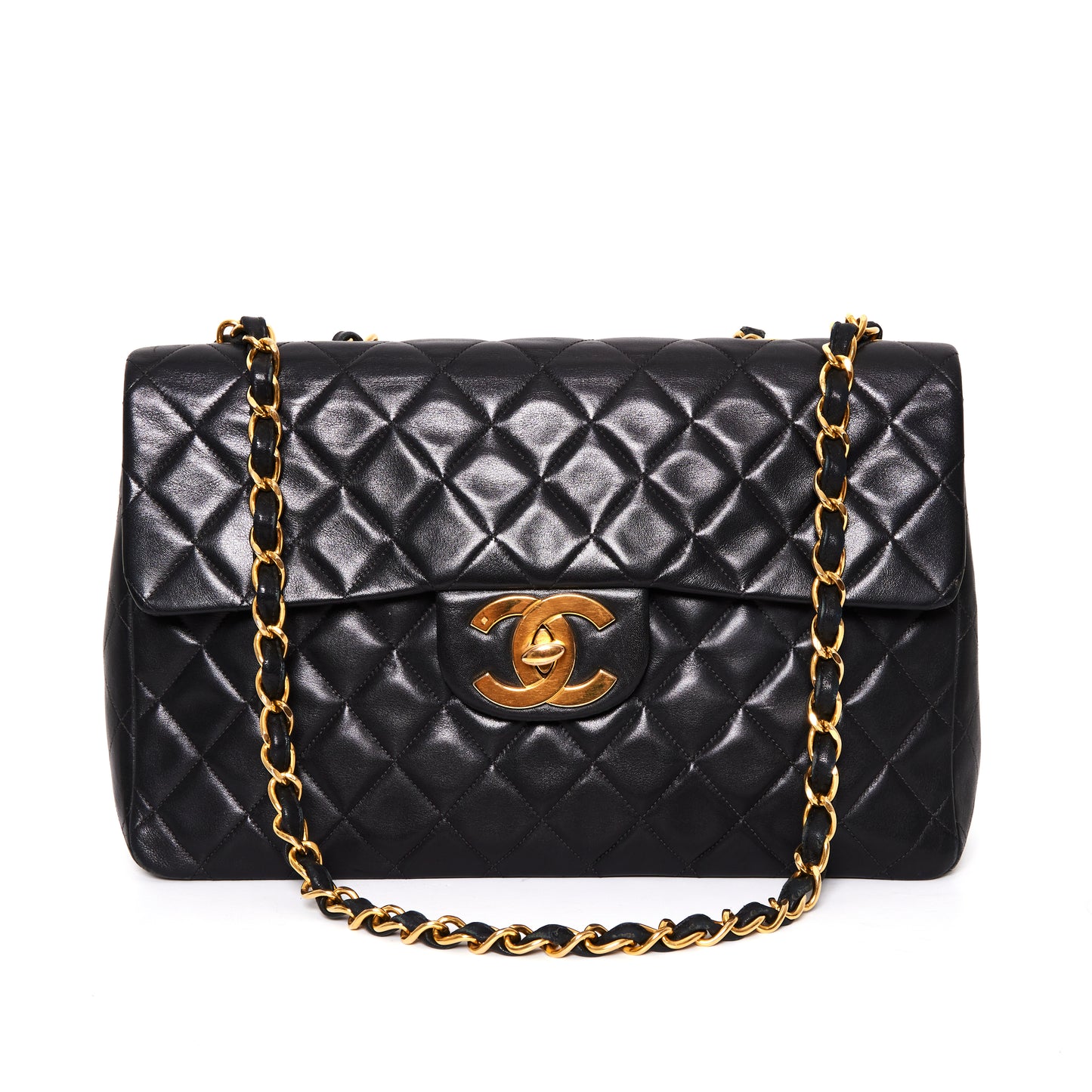 CHANEL Vintage Jumbo Black Lambskin Classic Single Flap Bag