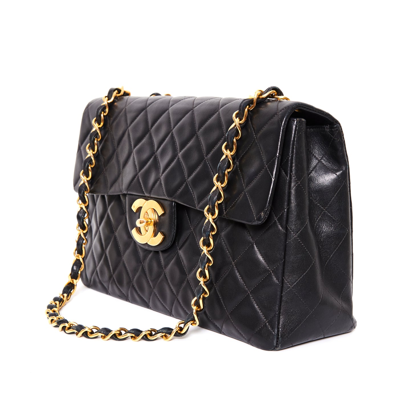 CHANEL Vintage Jumbo Black Lambskin Classic Single Flap Bag