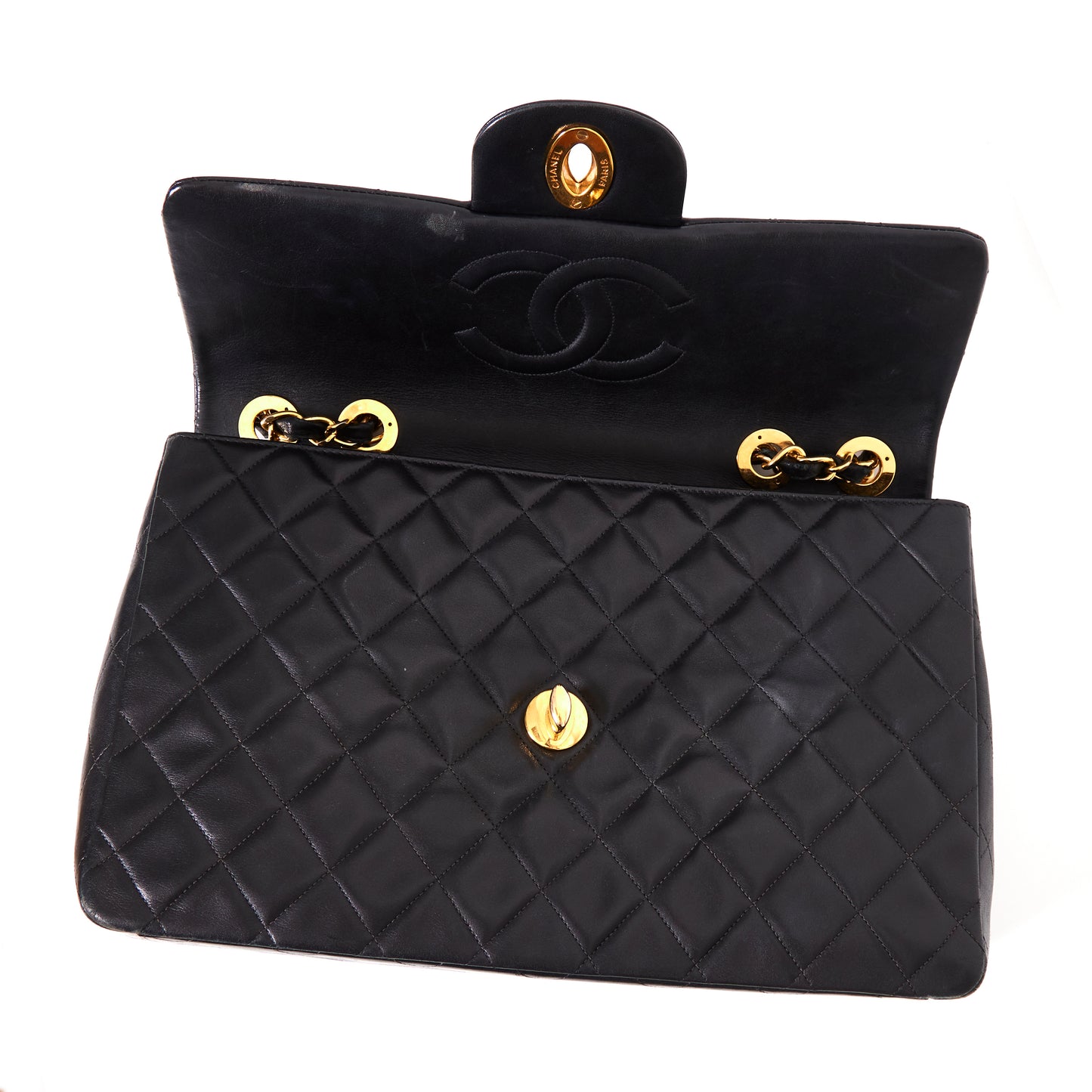 CHANEL Vintage Jumbo Black Lambskin Classic Single Flap Bag