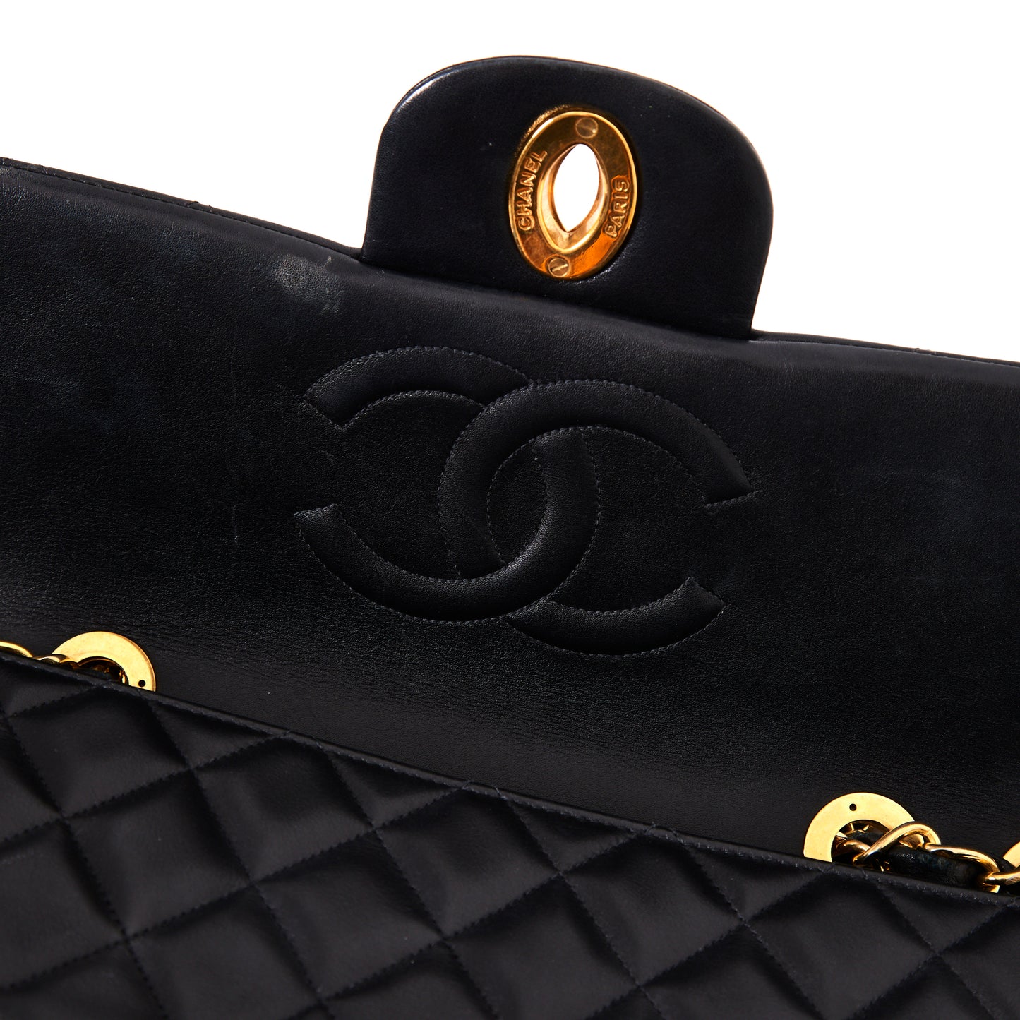 CHANEL Vintage Jumbo Black Lambskin Classic Single Flap Bag