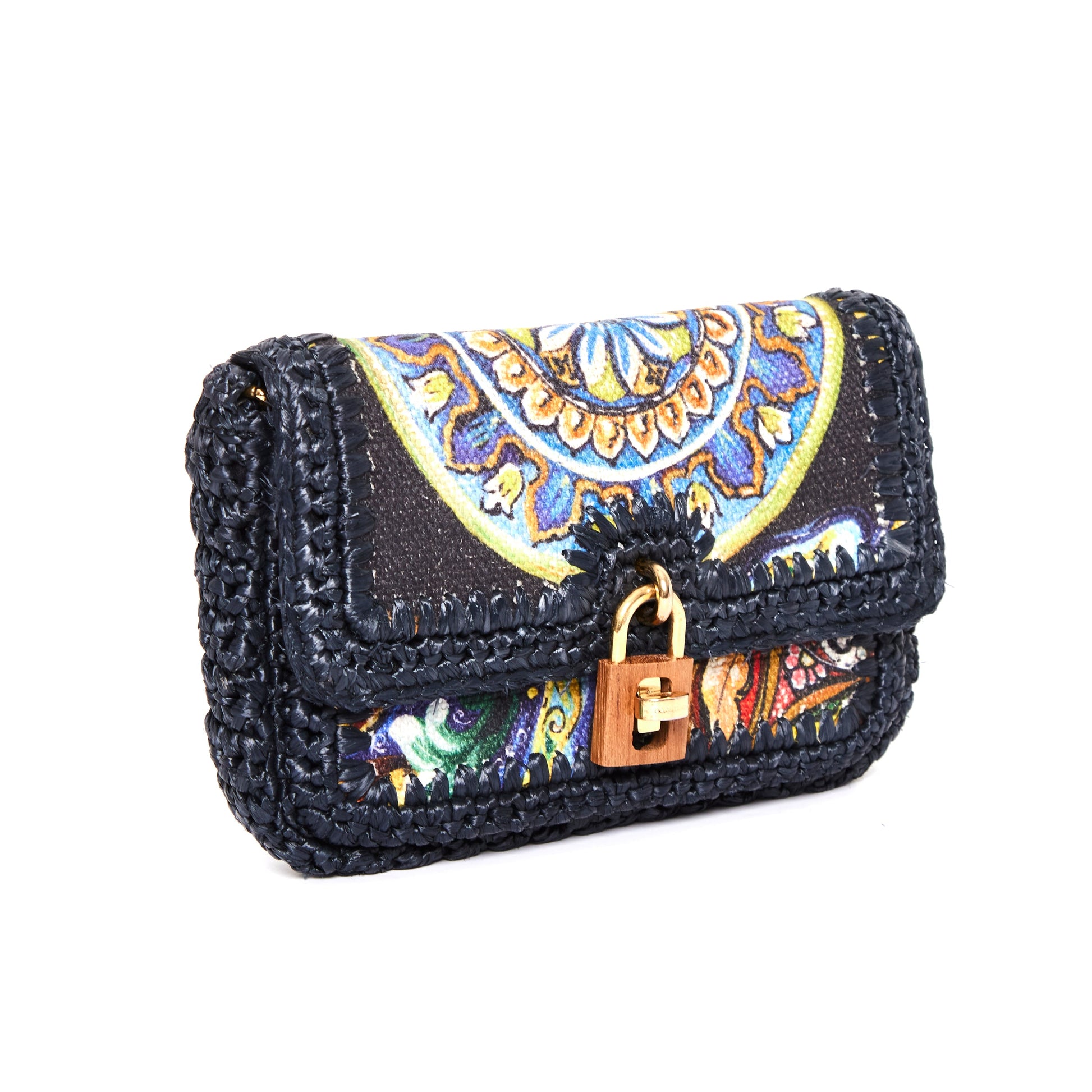 DOLCE & GABBANA Runway navy raffia braid baroque gold lock crossbody bag