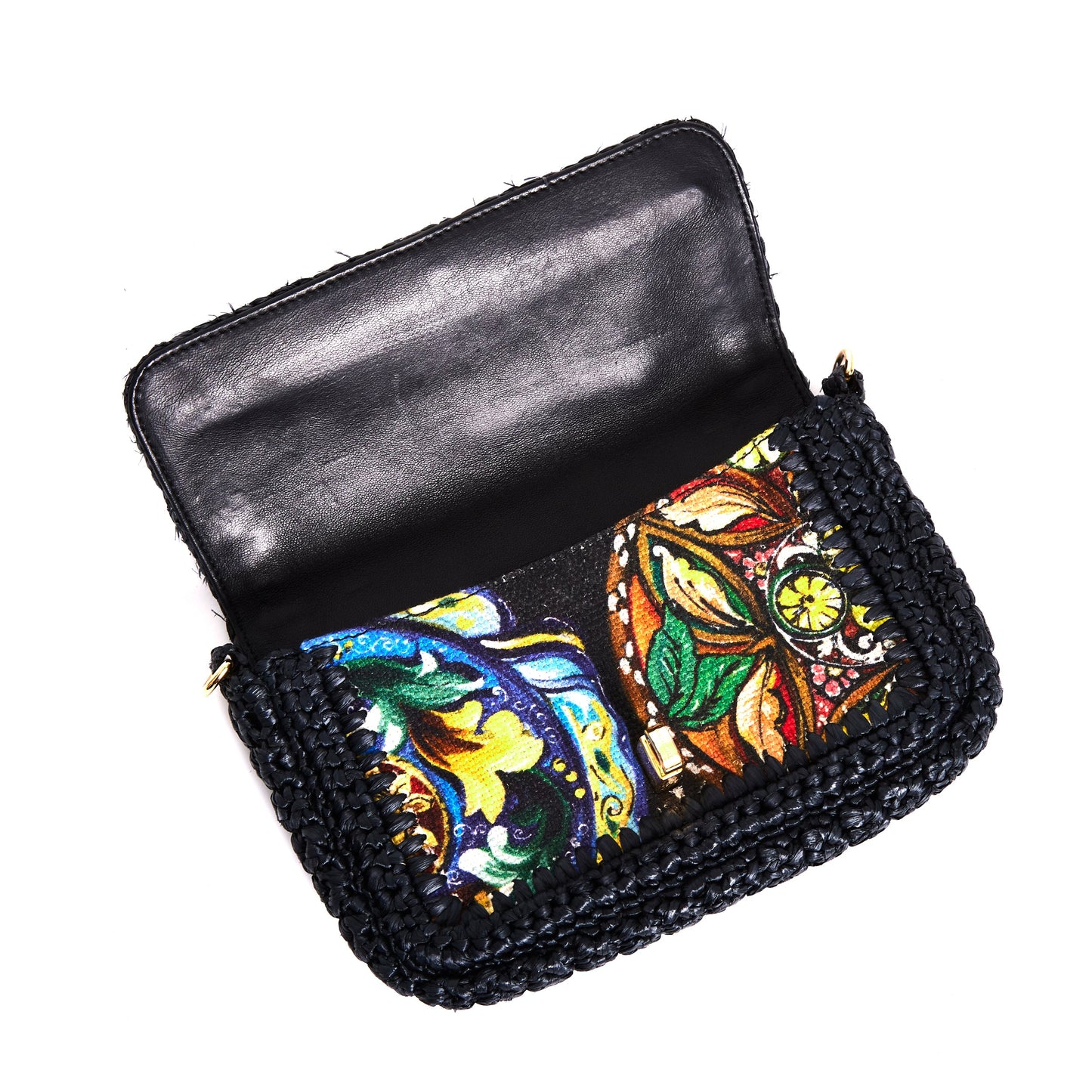 DOLCE & GABBANA Runway navy raffia braid baroque gold lock crossbody bag