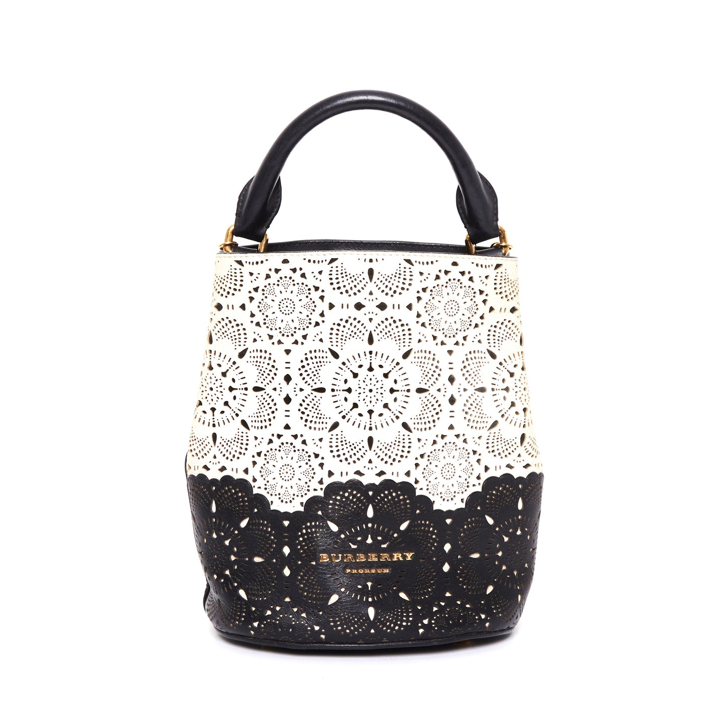 BURBERRY Prorsom Calfskin Laser Cut Lace Orchard Bucket Bag Black White