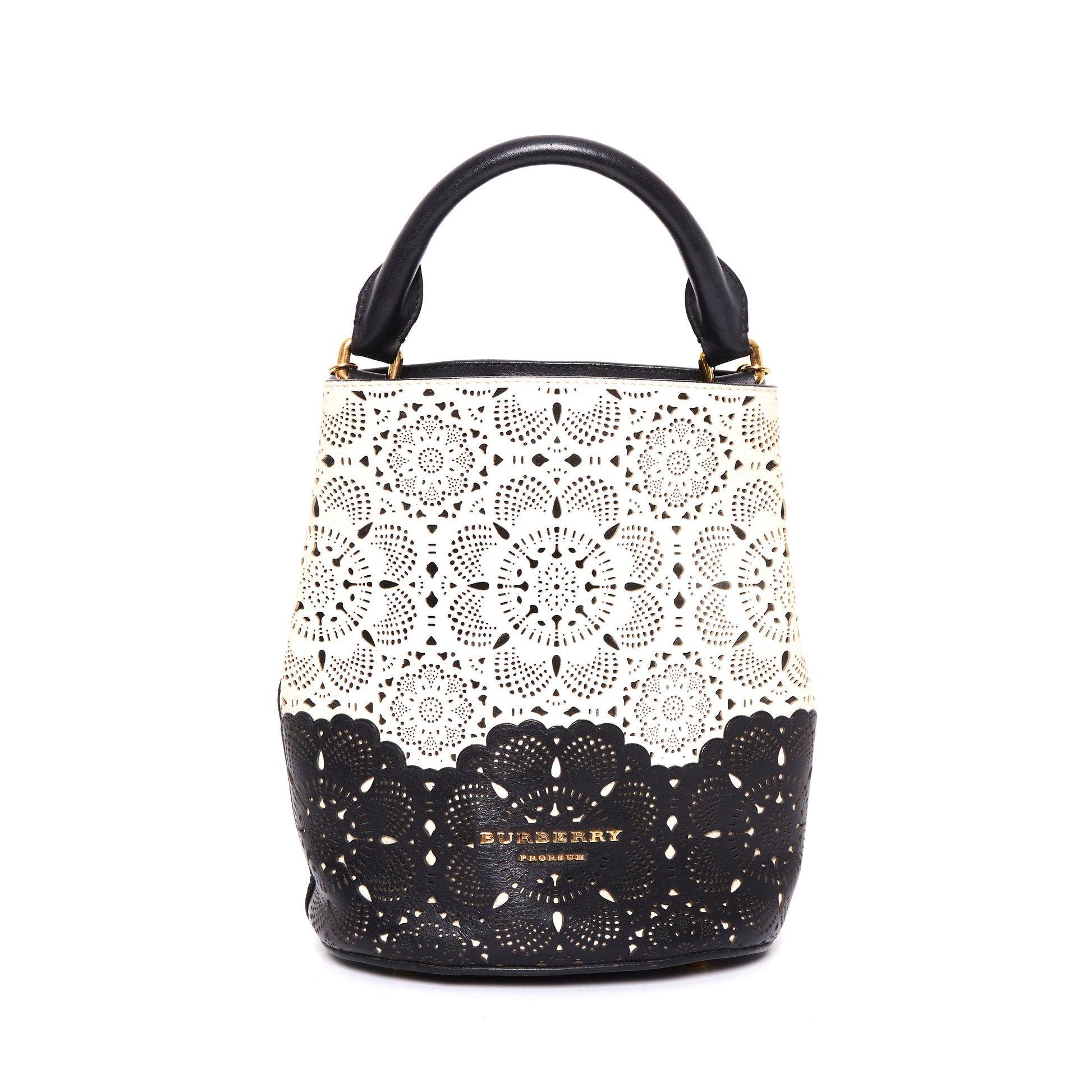 BURBERRY Prorsom Calfskin Laser Cut Lace Orchard Bucket Bag Black White