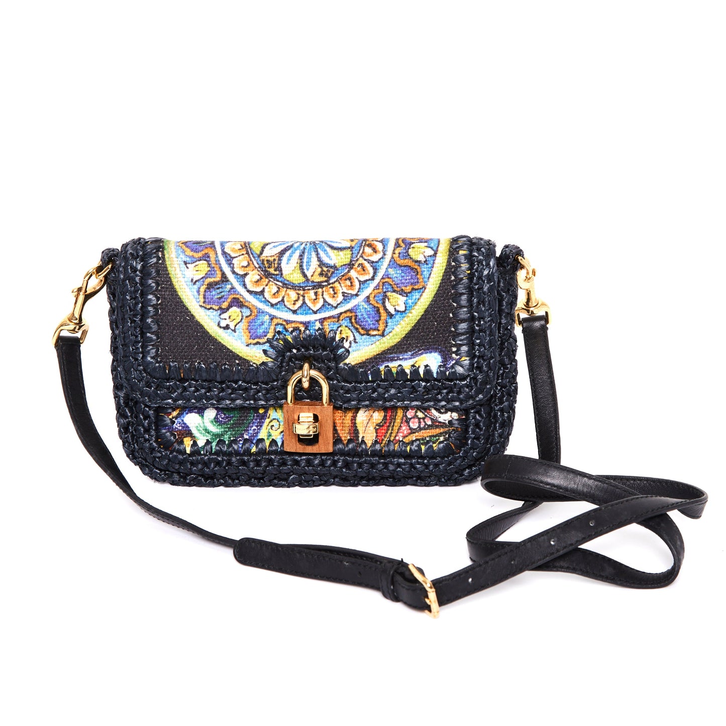 DOLCE & GABBANA Runway navy raffia braid baroque gold lock crossbody bag