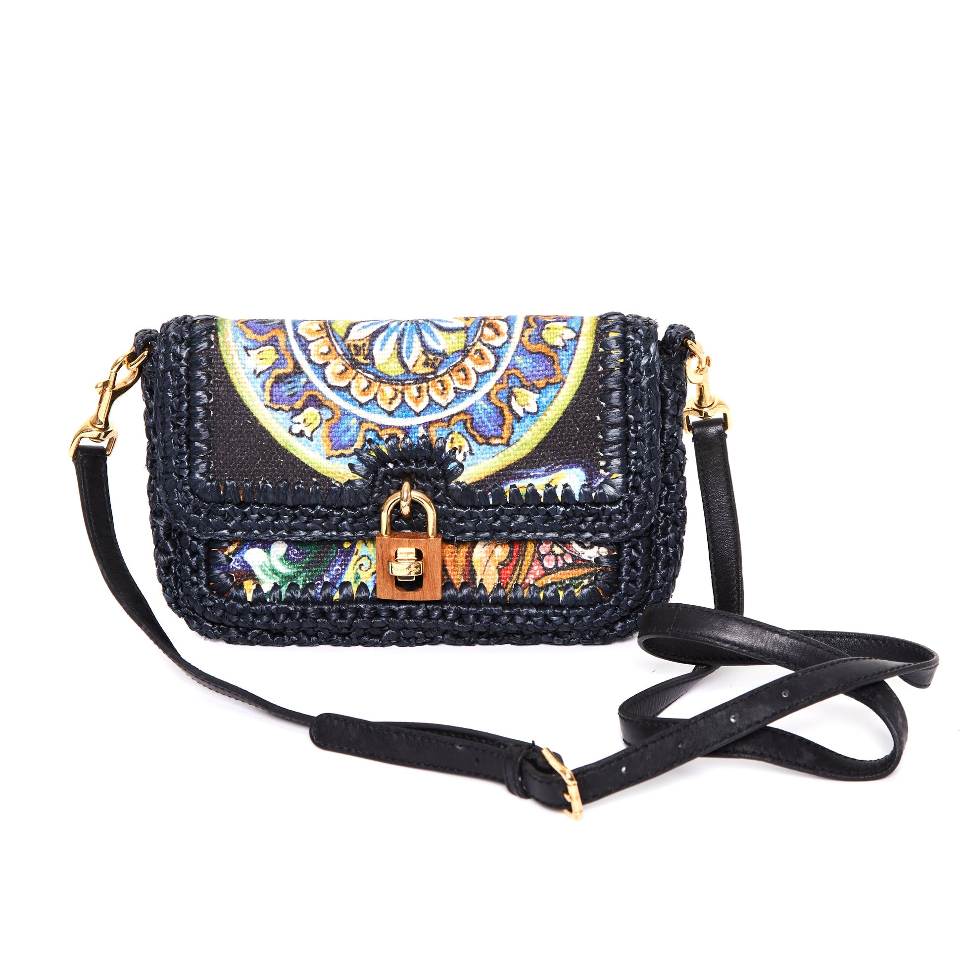 DOLCE & GABBANA Runway navy raffia braid baroque gold lock crossbody bag