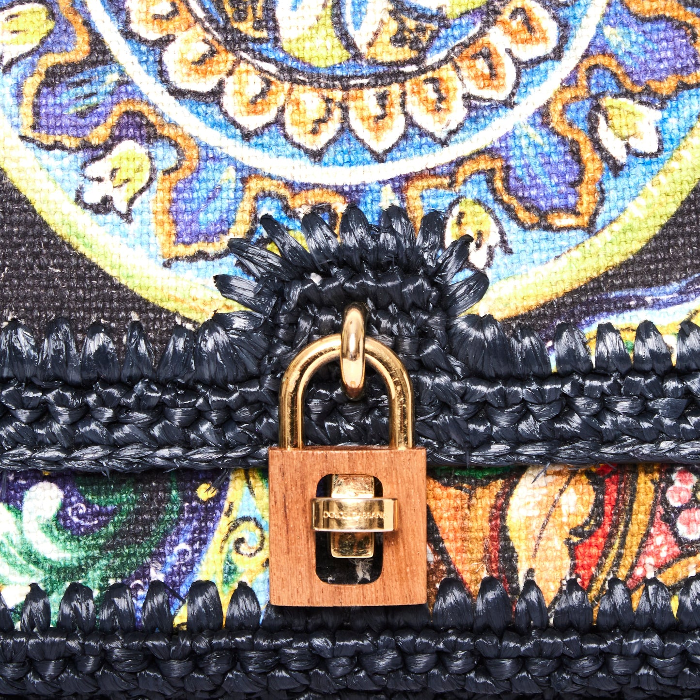 DOLCE & GABBANA Runway navy raffia braid baroque gold lock crossbody bag