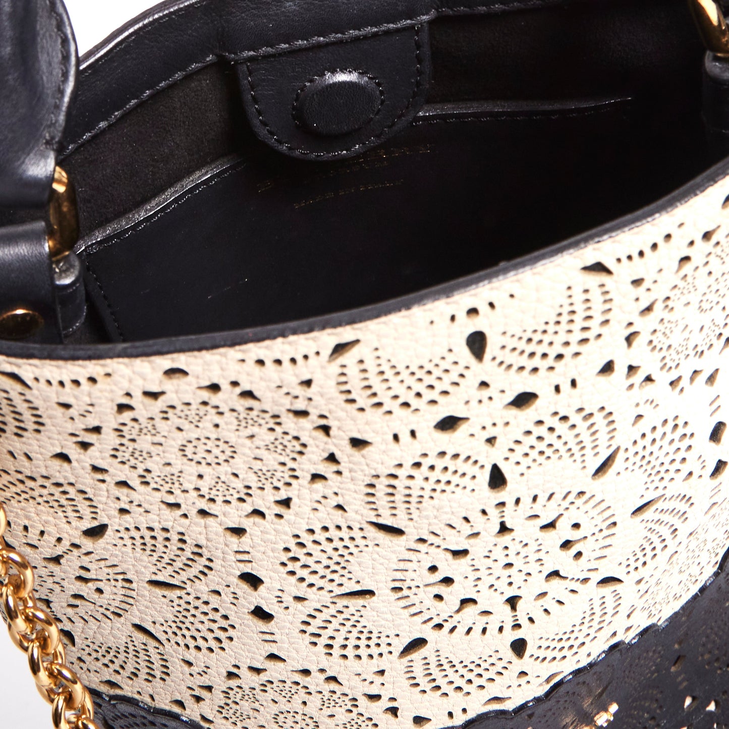 BURBERRY Prorsom Calfskin Laser Cut Lace Orchard Bucket Bag Black White