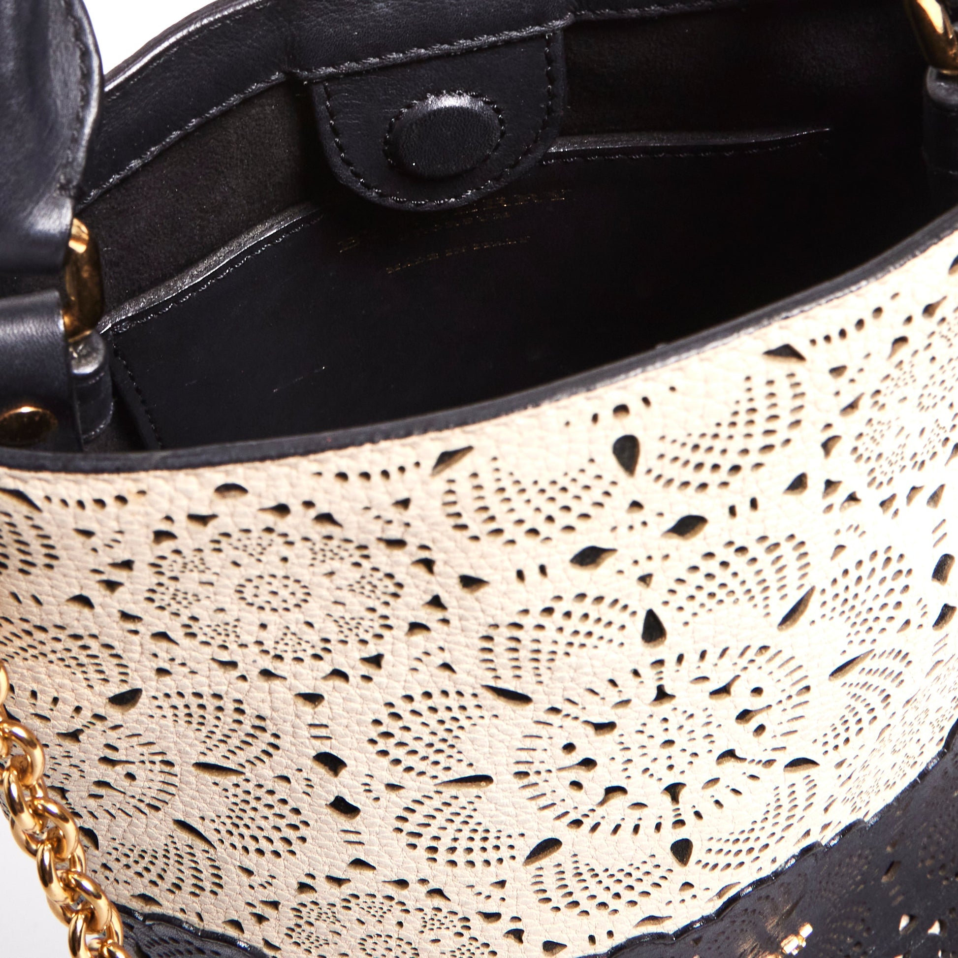 BURBERRY Prorsom Calfskin Laser Cut Lace Orchard Bucket Bag Black White