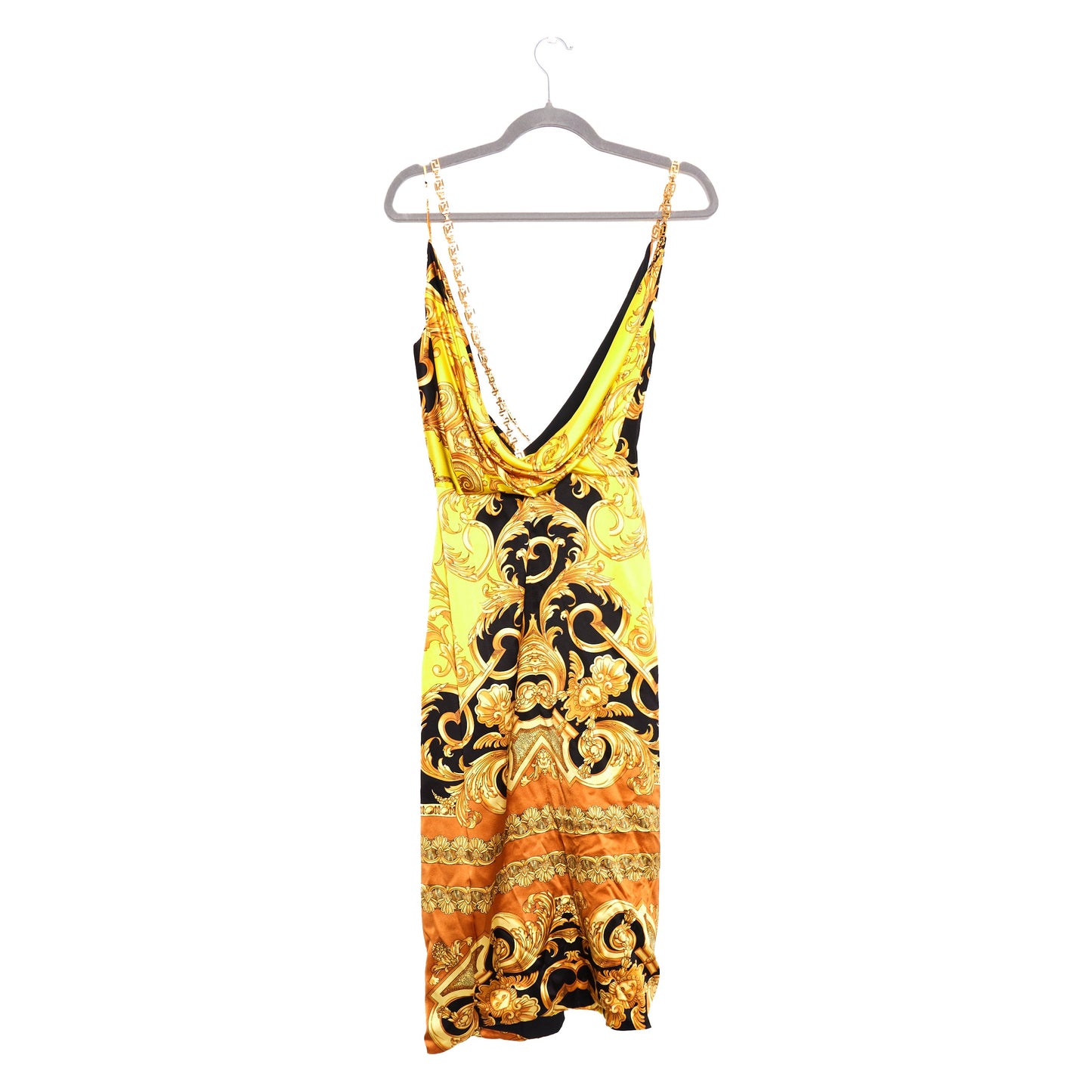 VERSACE Draped Barocco-Print Chain Strap Dress 8-10