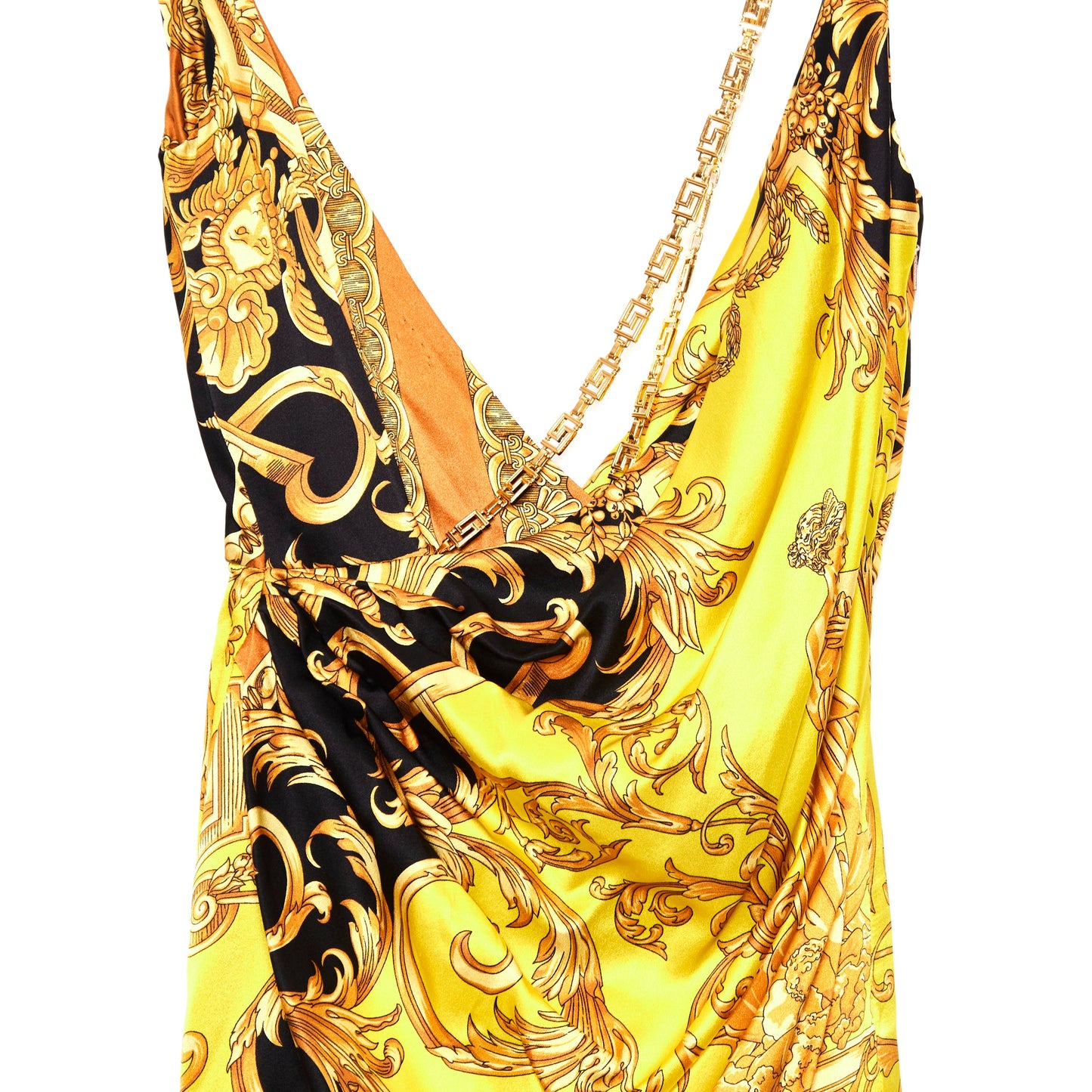VERSACE Draped Barocco-Print Chain Strap Dress 8-10