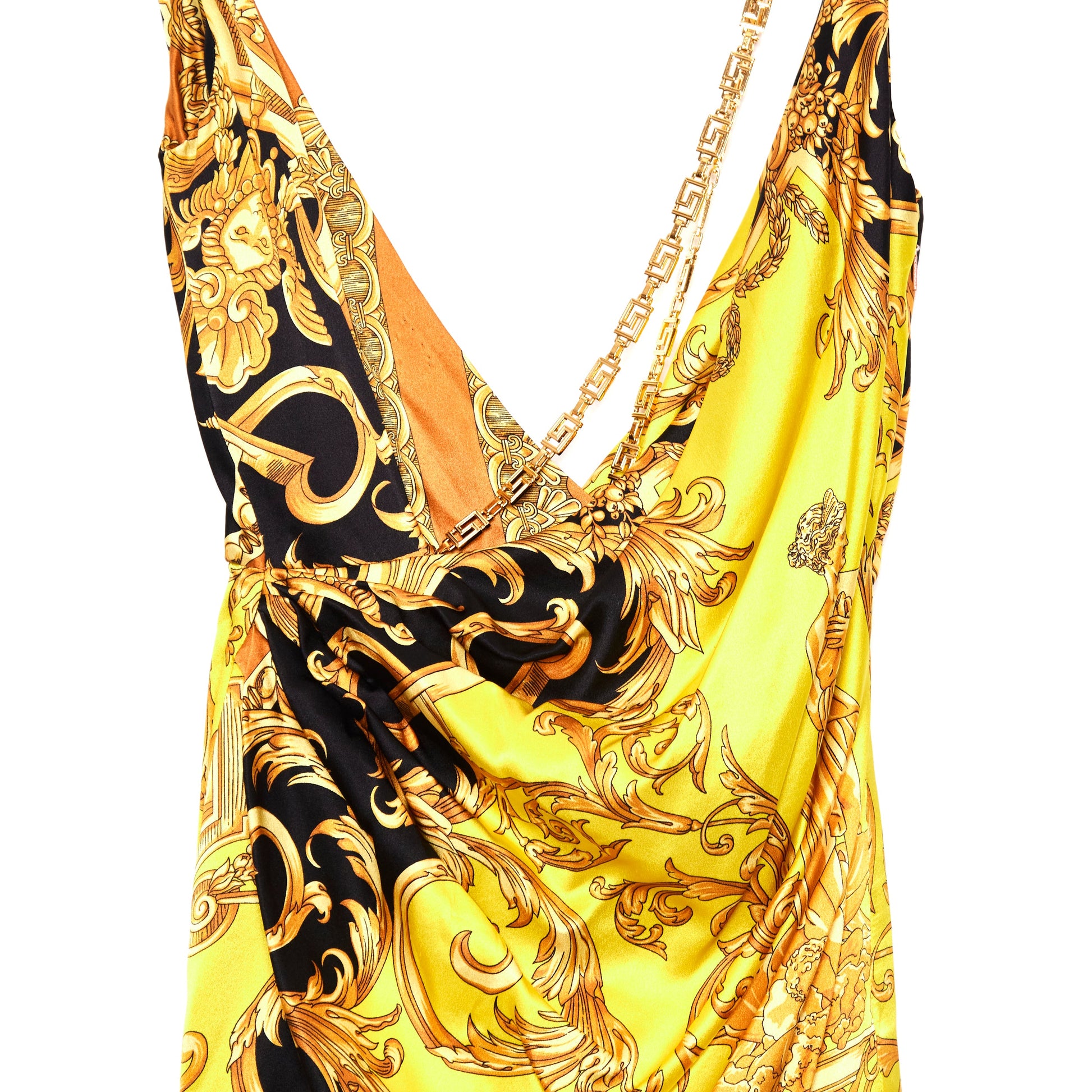 VERSACE Draped Barocco-Print Chain Strap Dress 8-10