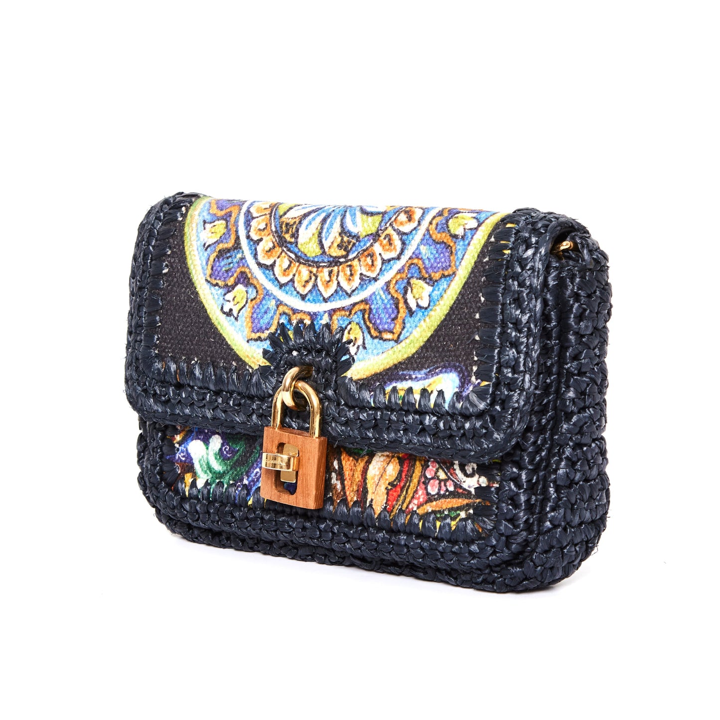 DOLCE & GABBANA Runway navy raffia braid baroque gold lock crossbody bag