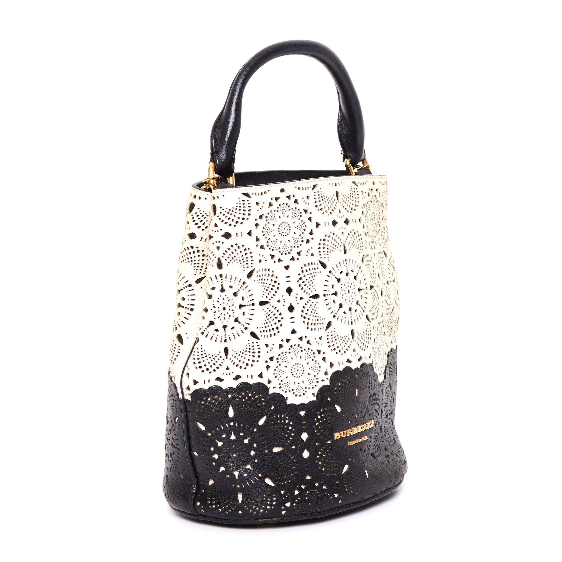 BURBERRY Prorsom Calfskin Laser Cut Lace Orchard Bucket Bag Black White