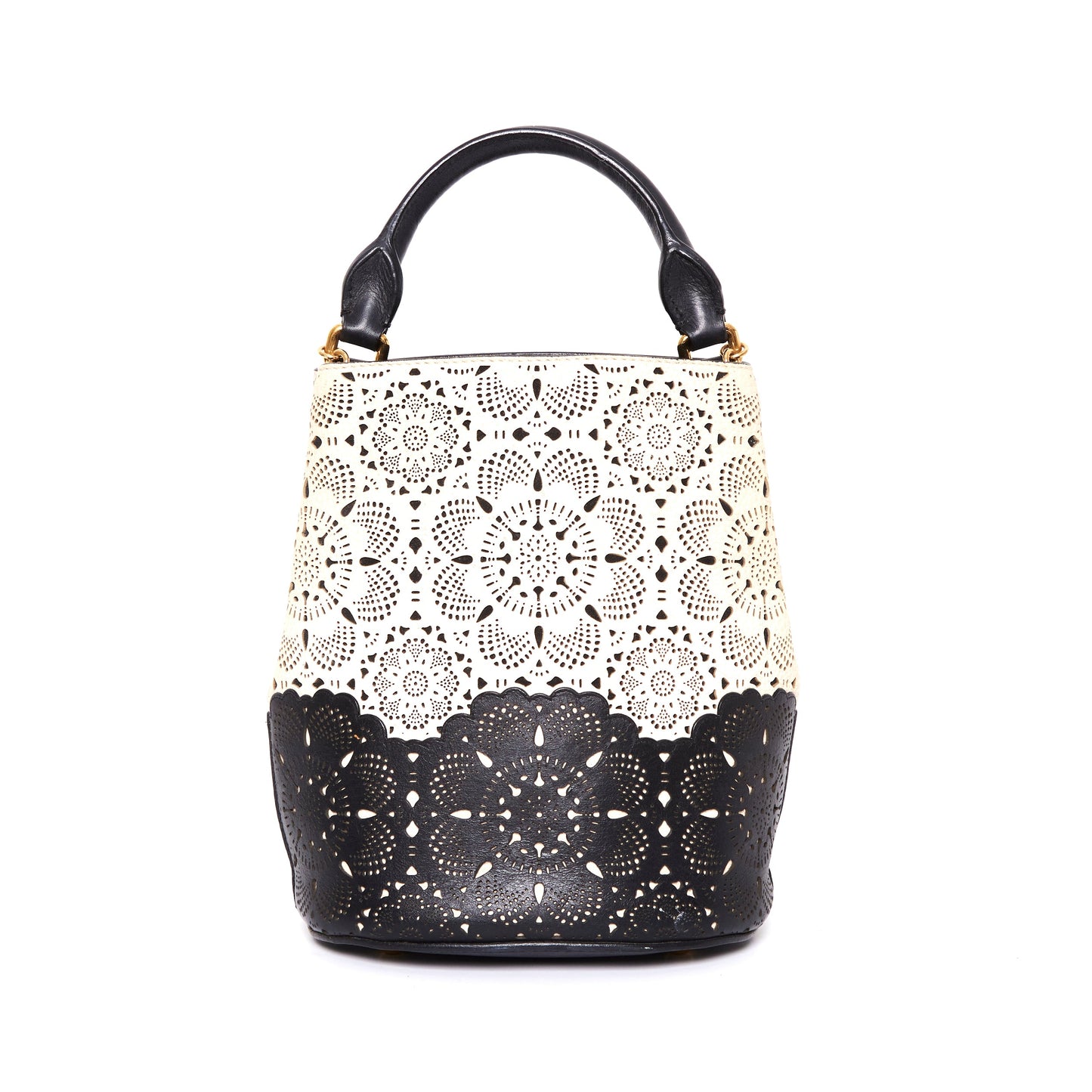 BURBERRY Prorsom Calfskin Laser Cut Lace Orchard Bucket Bag Black White