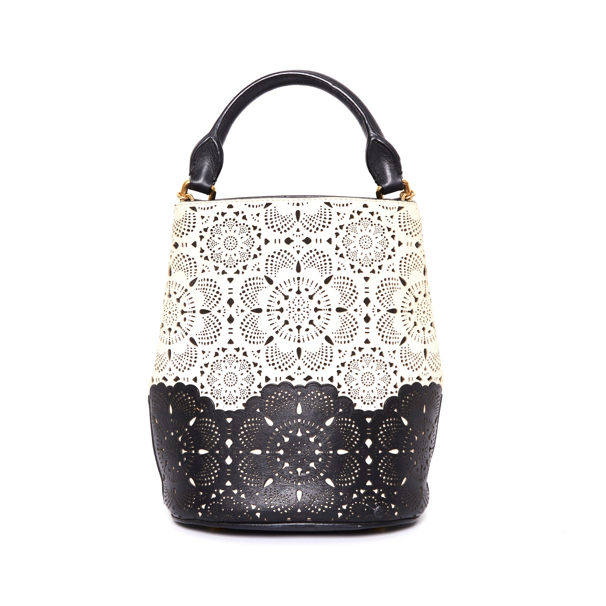 BURBERRY Prorsom Calfskin Laser Cut Lace Orchard Bucket Bag Black White
