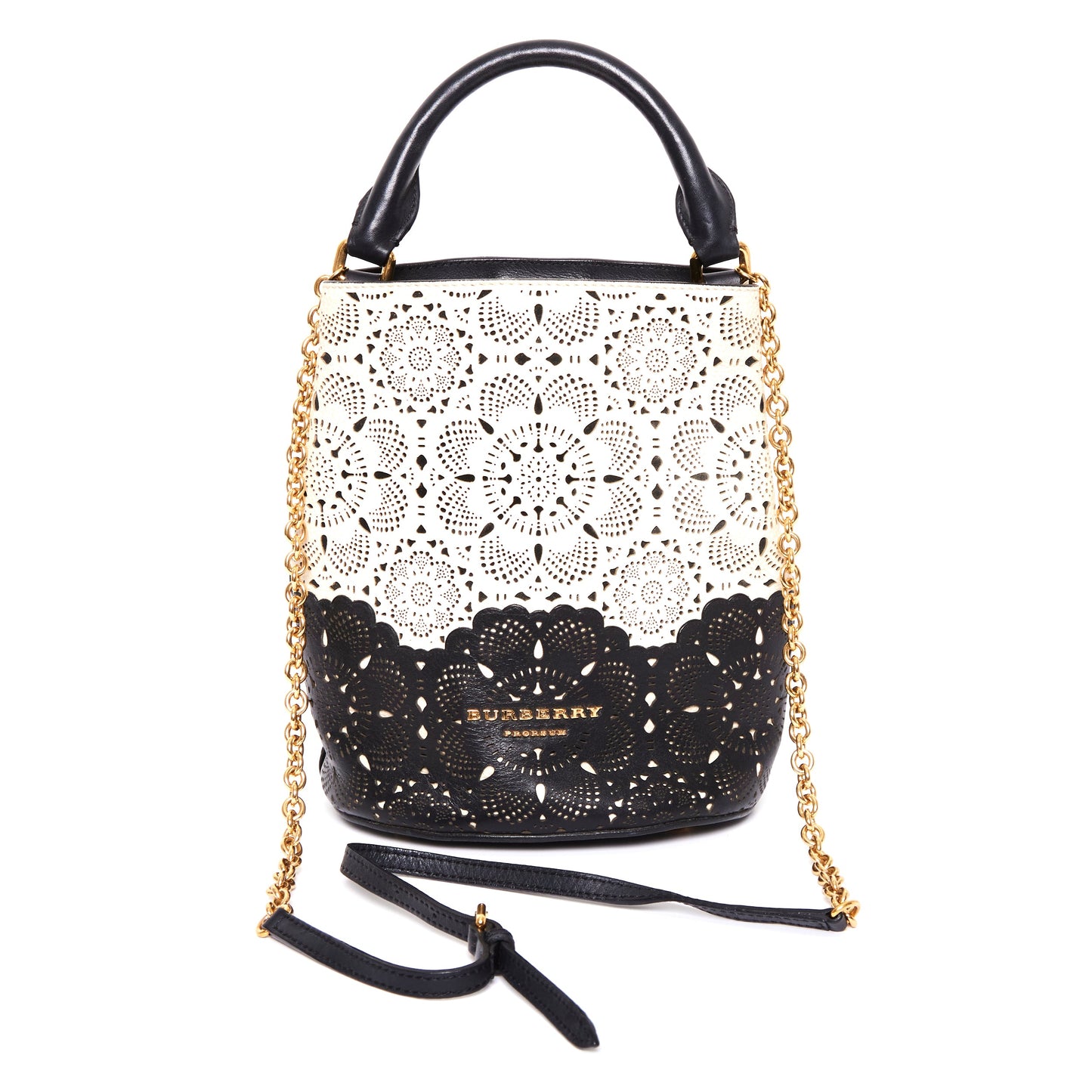 BURBERRY Prorsom Calfskin Laser Cut Lace Orchard Bucket Bag Black White