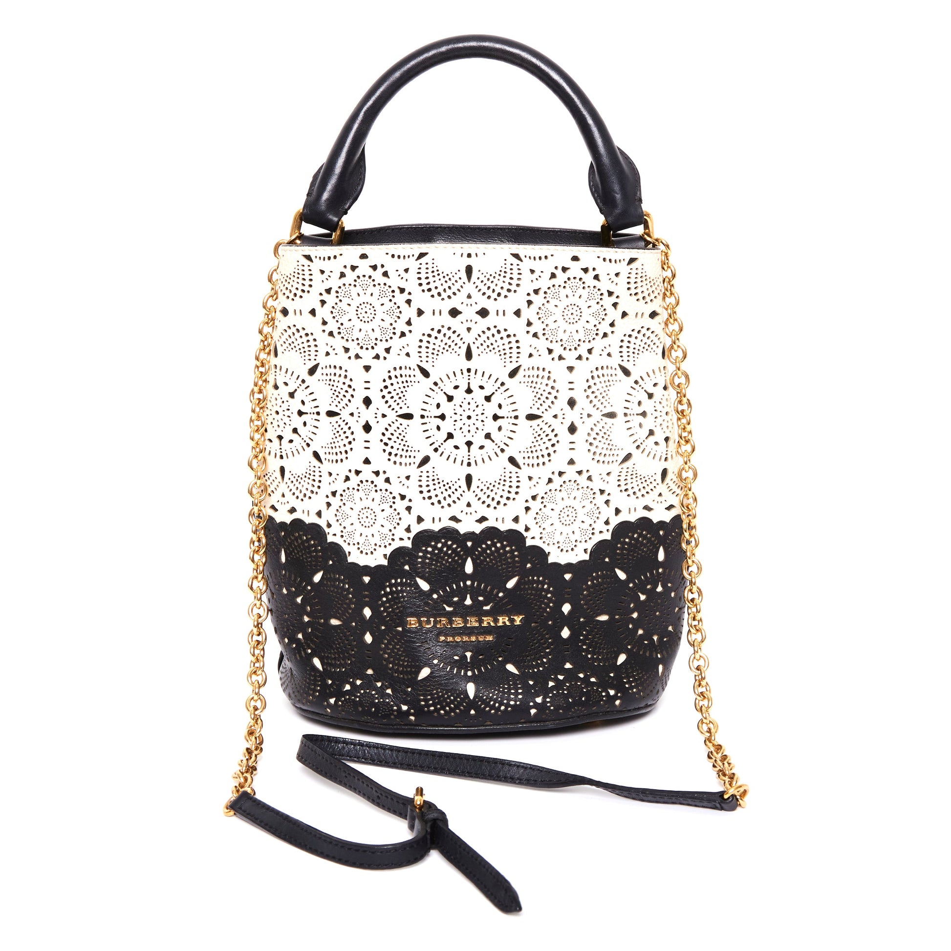 BURBERRY Prorsom Calfskin Laser Cut Lace Orchard Bucket Bag Black White