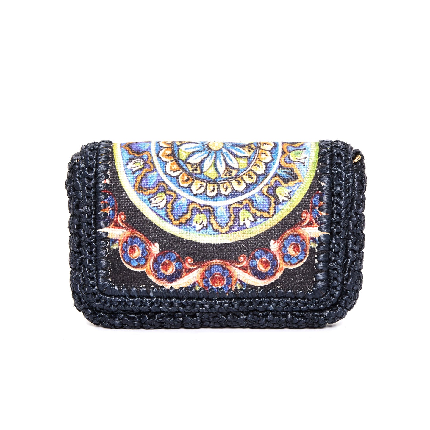 DOLCE & GABBANA Runway navy raffia braid baroque gold lock crossbody bag