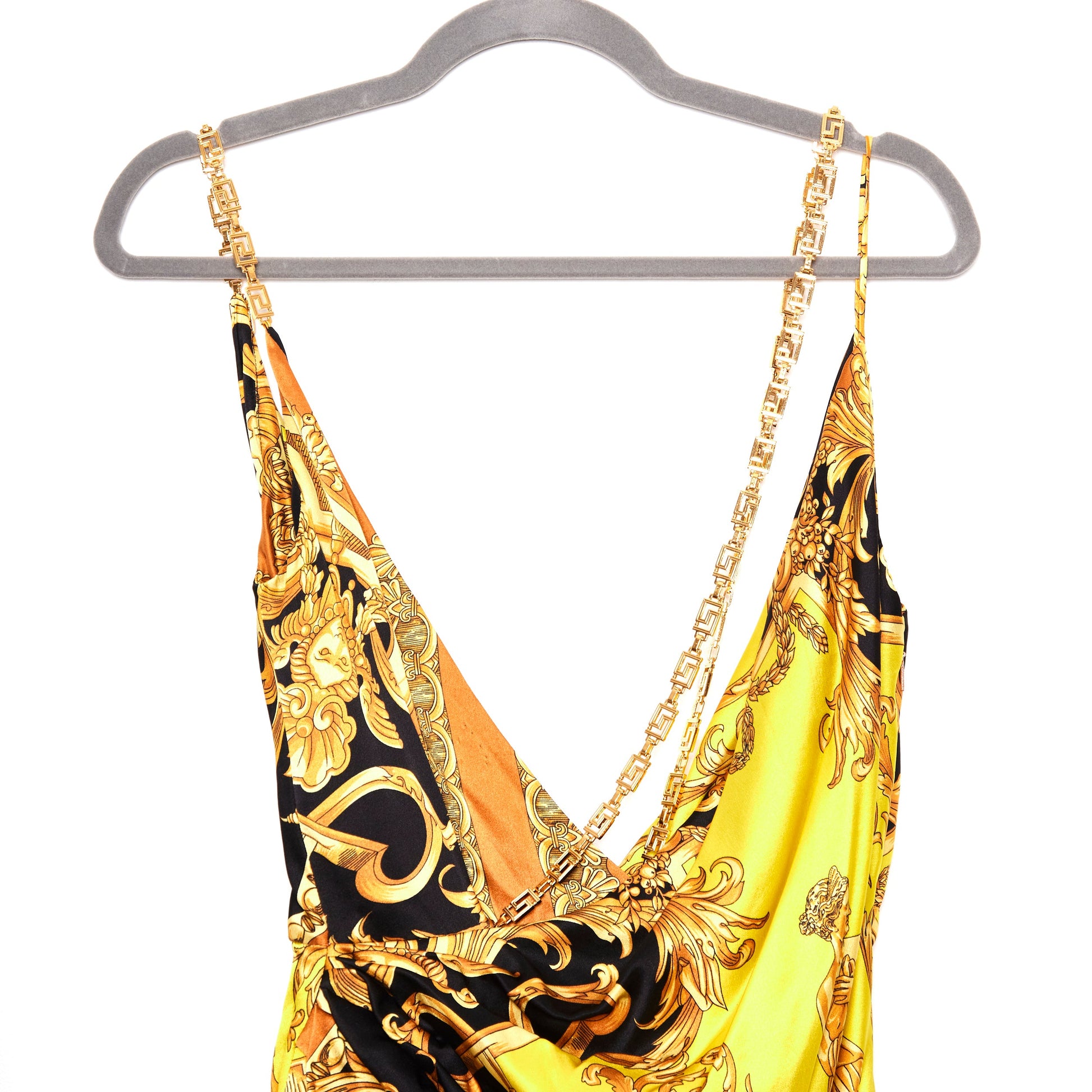 VERSACE Draped Barocco-Print Chain Strap Dress 8-10
