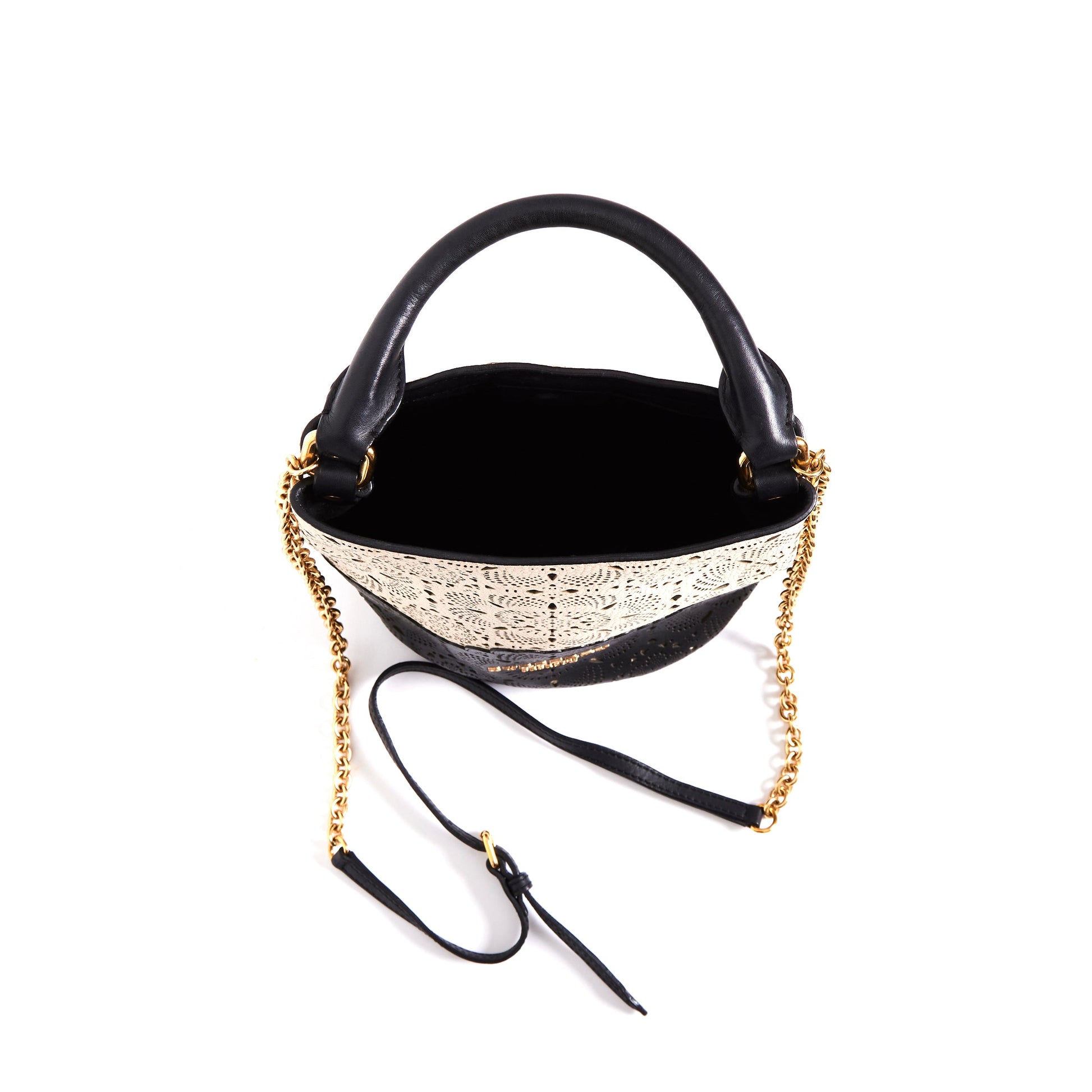 BURBERRY Prorsom Calfskin Laser Cut Lace Orchard Bucket Bag Black White