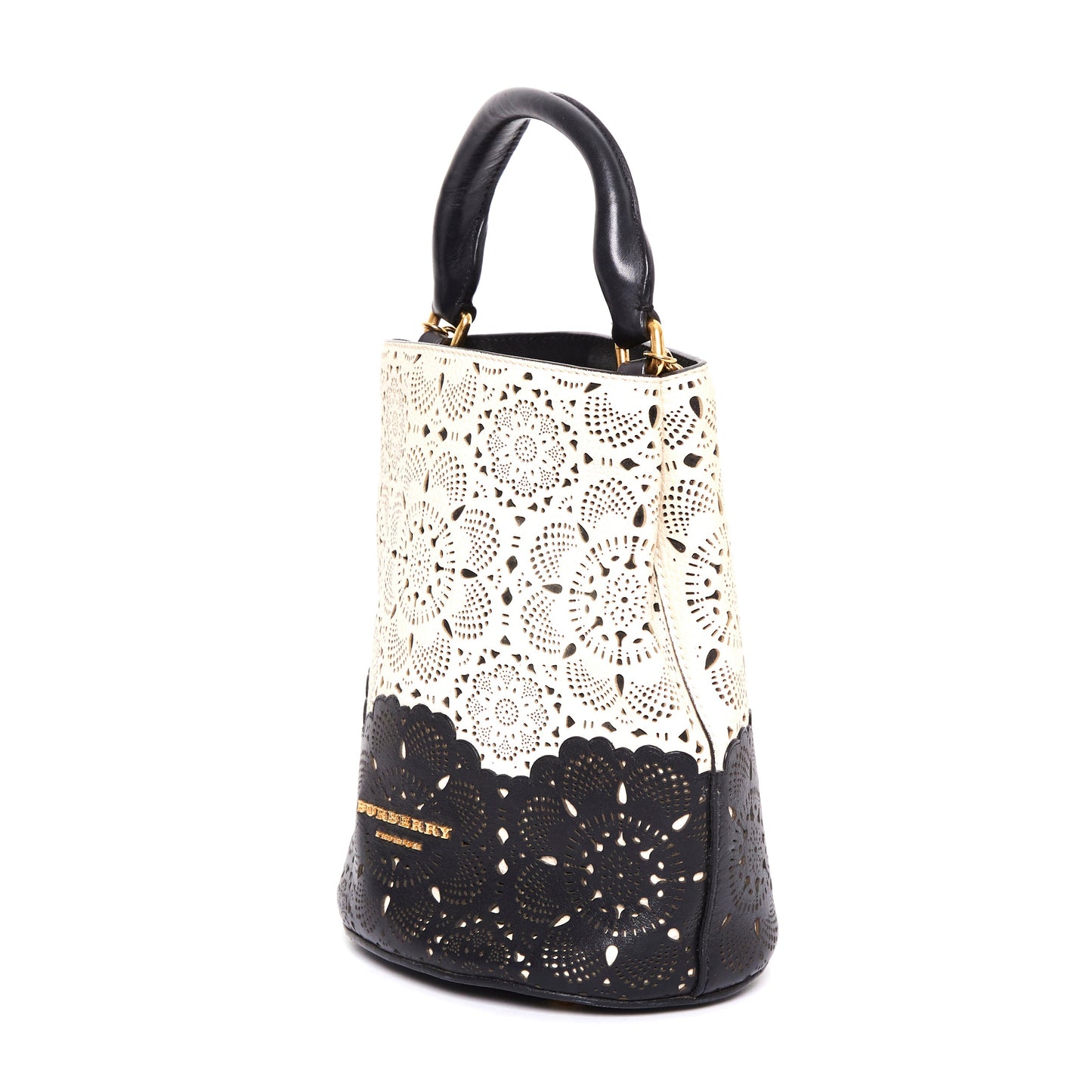 BURBERRY Prorsom Calfskin Laser Cut Lace Orchard Bucket Bag Black White