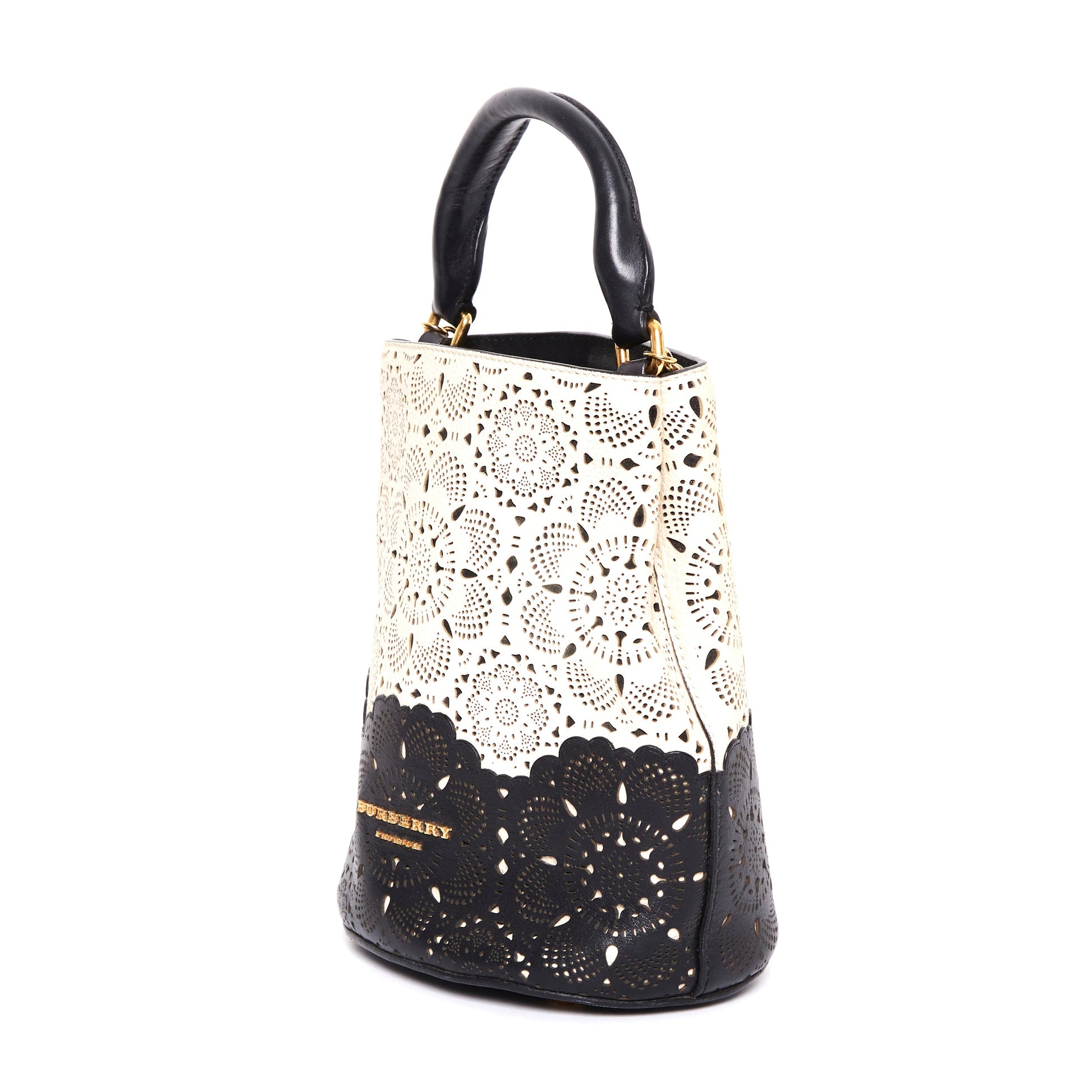 BURBERRY Prorsom Calfskin Laser Cut Lace Orchard Bucket Bag Black White