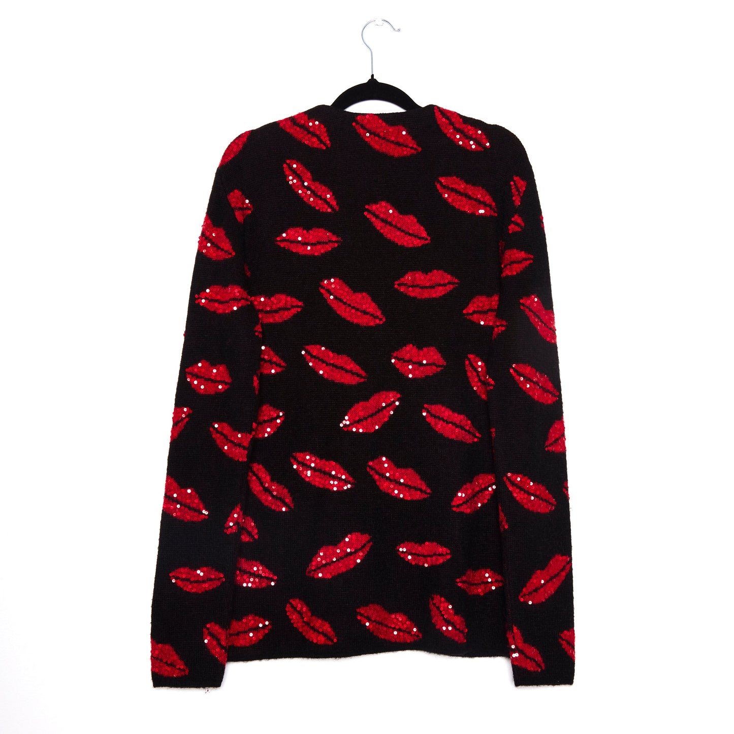 SAINT LAURENT Black Red Lipstck Kisses Mohair Sequined Cardigan