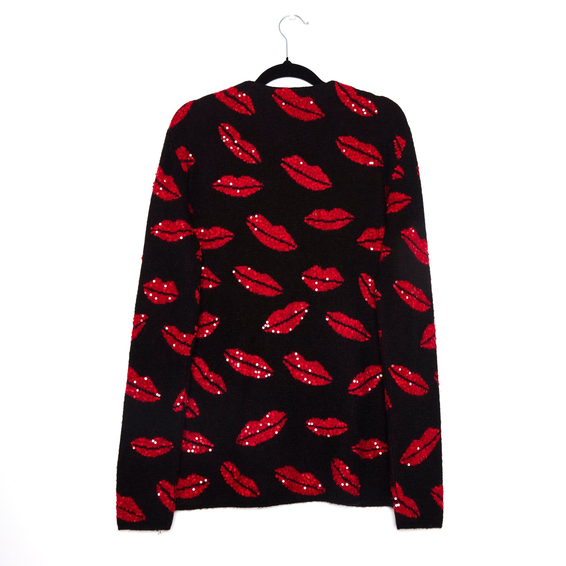 SAINT LAURENT Black Red Lipstck Kisses Mohair Sequined Cardigan