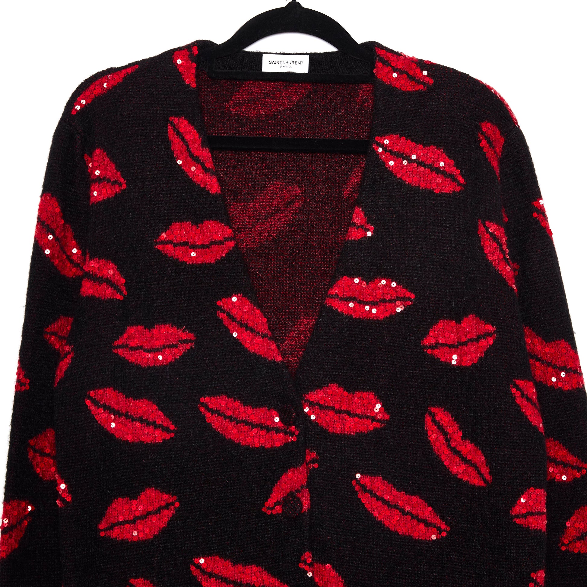 SAINT LAURENT Black Red Lipstck Kisses Mohair Sequined Cardigan