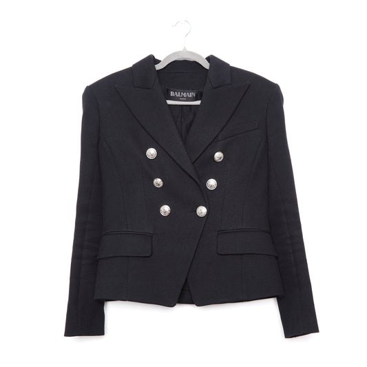 BALMAIN Double-Breasted Wool-Twill Blazer with Silver Coin Buttons
