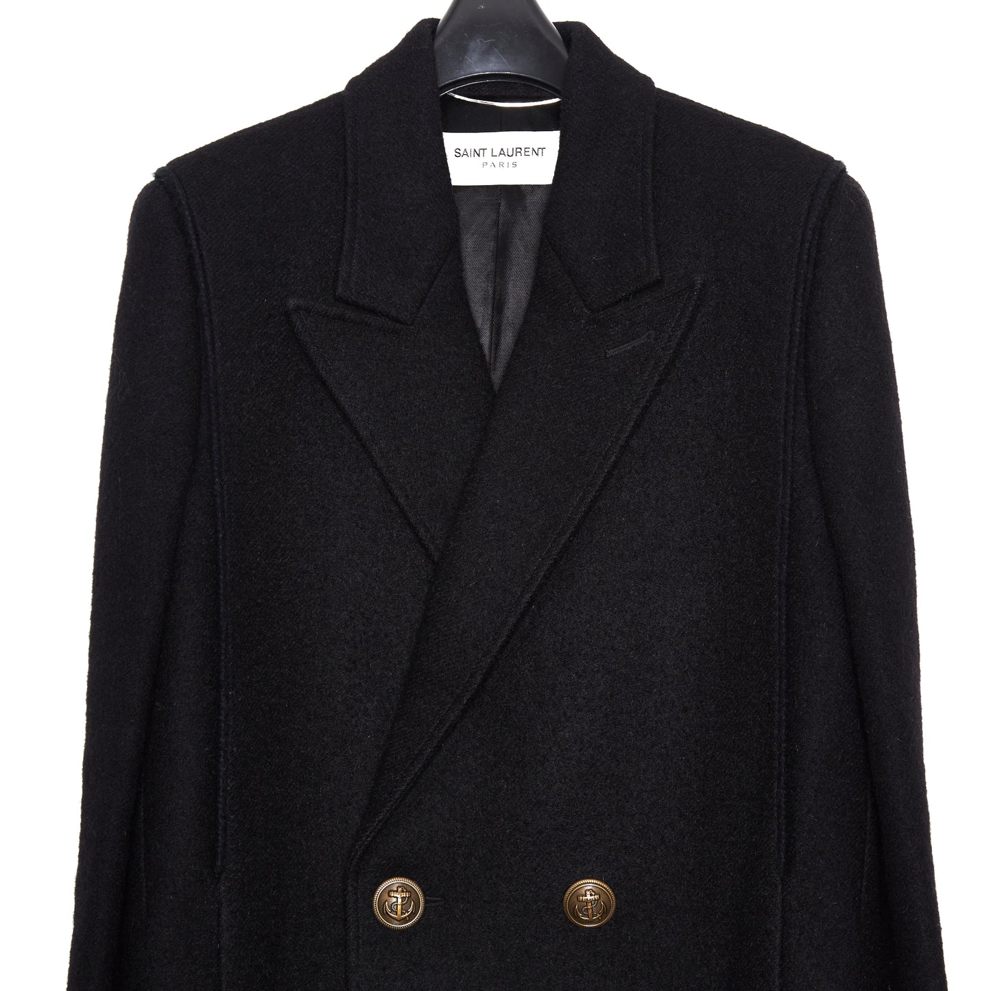 SAINT LAURENT Double-Breasted Long Wool Coat - Black 44