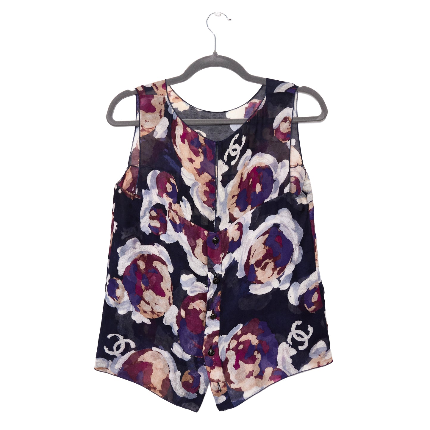 CHANEL Navy Camellia Print Silk Chiffon Blouse 40