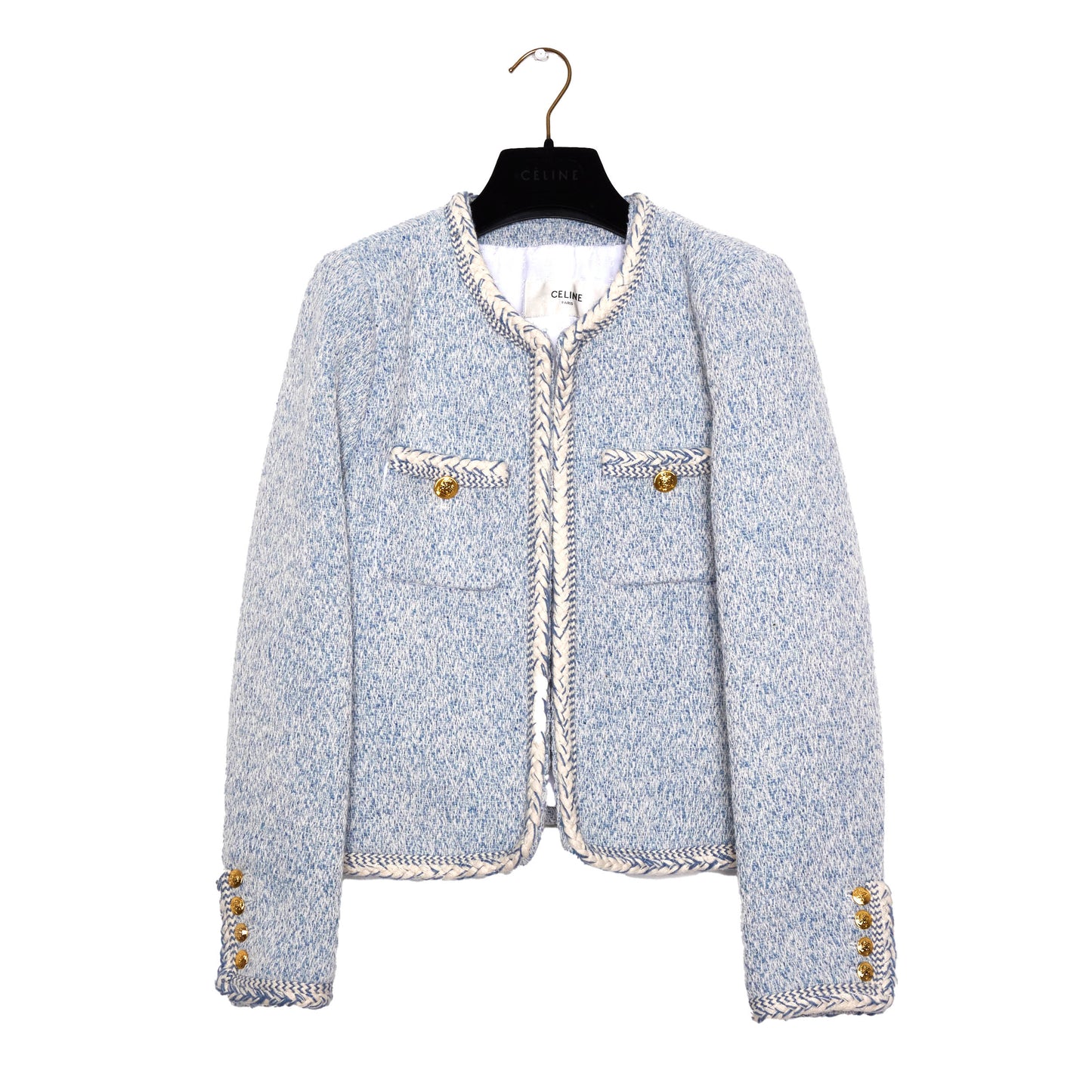 CELINE Light Blue Tweed Long Sleeve Jacket 36