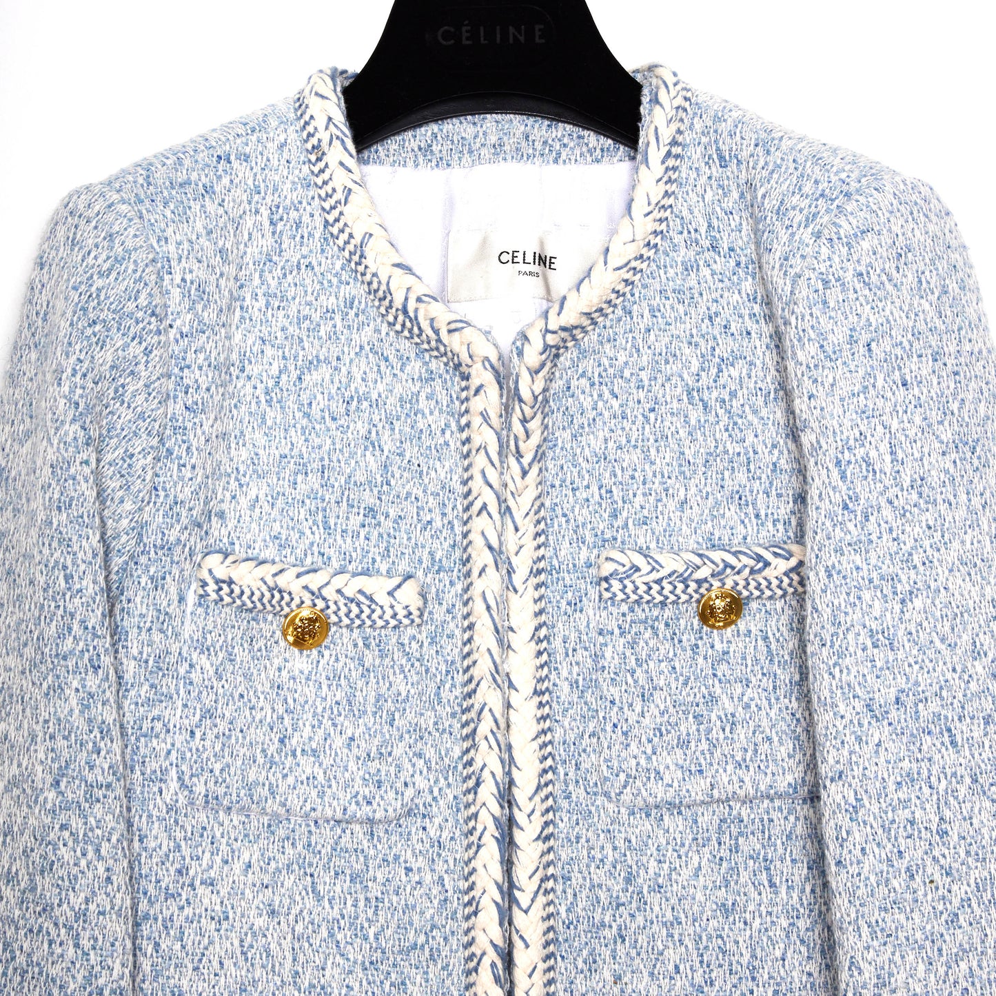 CELINE Light Blue Tweed Long Sleeve Jacket 36